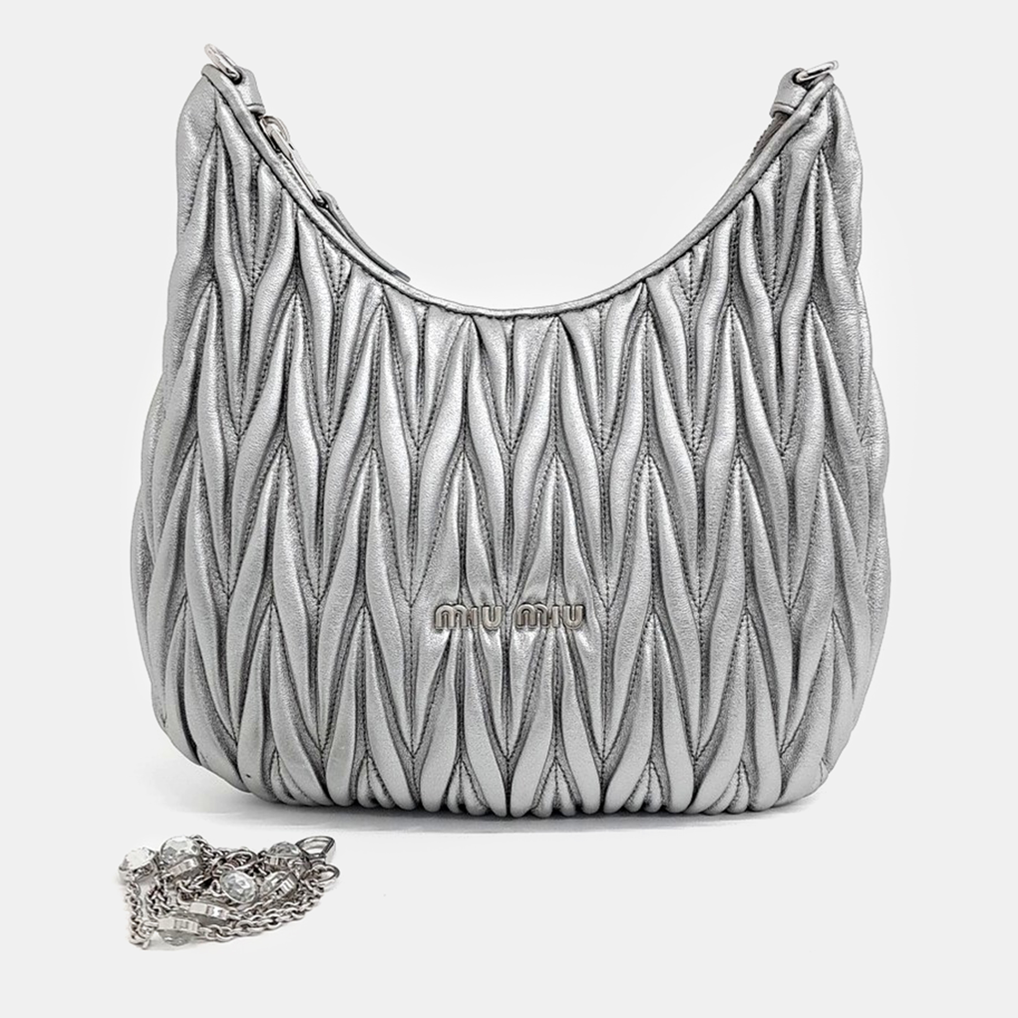 

Miu Miu Silver Leather Matrasse Crystal Chain Shoulder Bag