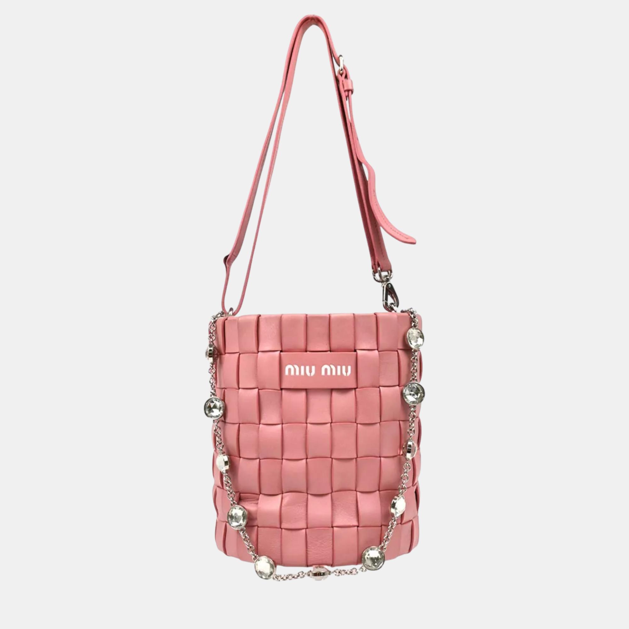 

Miu Miu Pink Lambskin Nappa Crystal Shoulder Bag