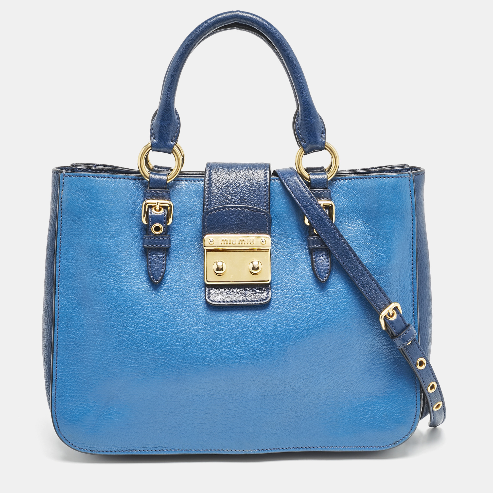 

Miu Miu Two Tone Blue Madras Leather Pushlock Tote