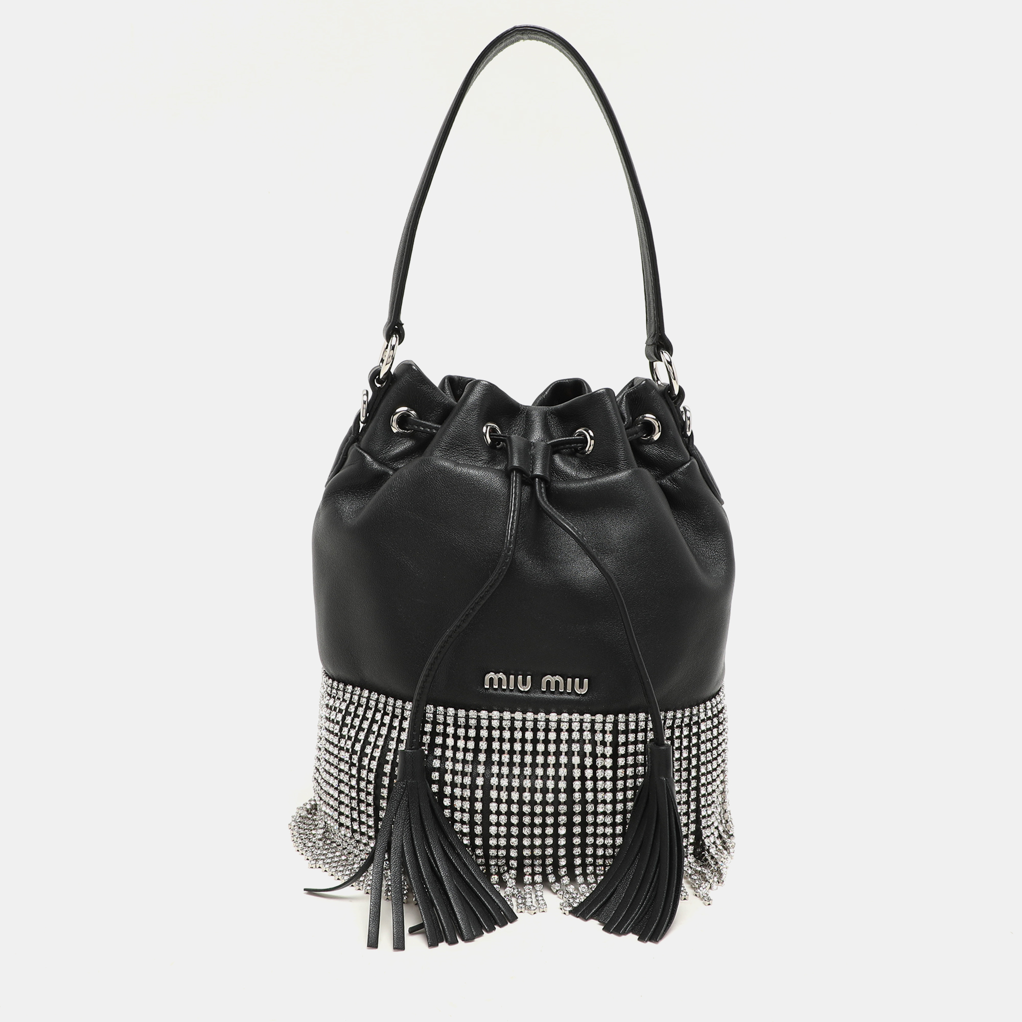

Miu Miu Black Leather Crystal Fringe Drawstring Bucket Bag