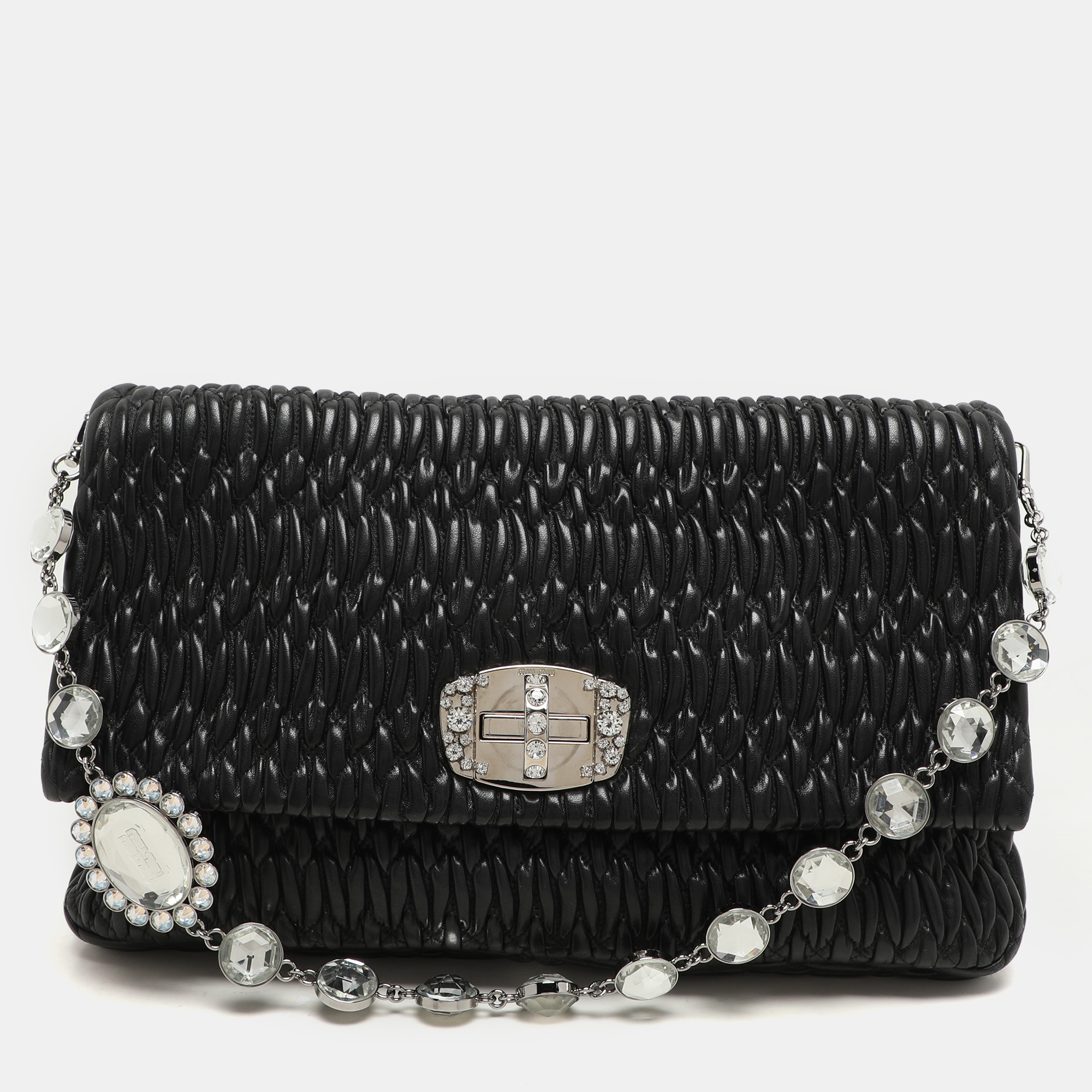 

Miu Miu Black Matelassé Leather Crystals Chain Shoulder Bag