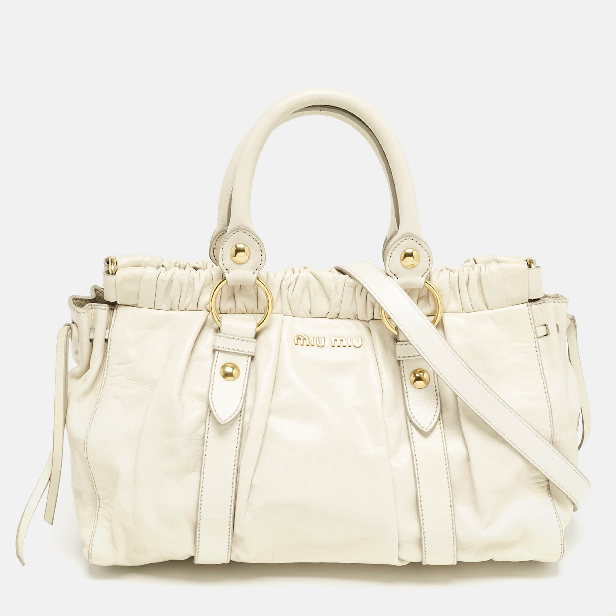 

Miu Miu Off White Vitello Shine Leather Gathered Tote