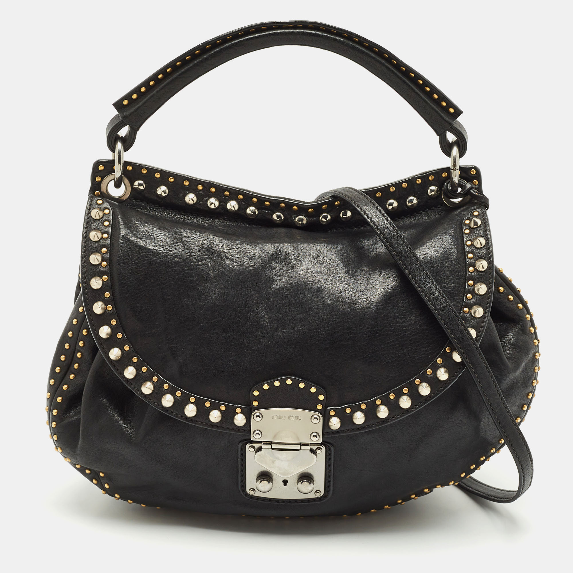 

Miu Miu Black Leather Studded Top Handle Bag