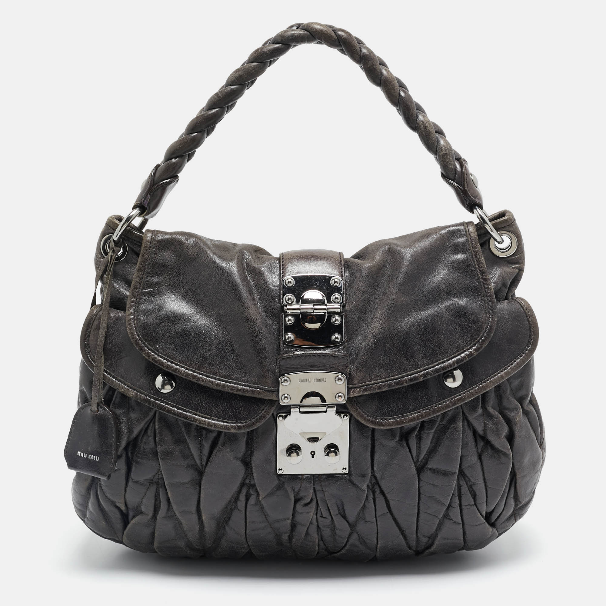 

Miu Miu Dark Grey Matelassé Leather Coffer Hobo