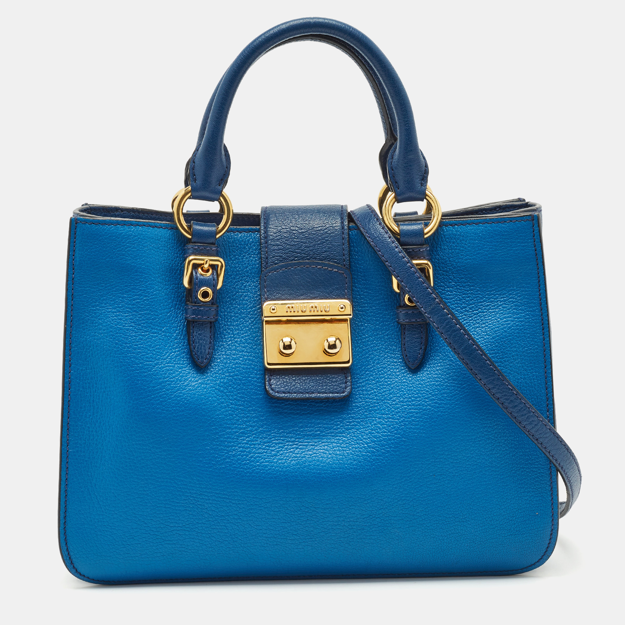 

Miu Miu Two Tone Blue Madras Leather Pushlock Tote