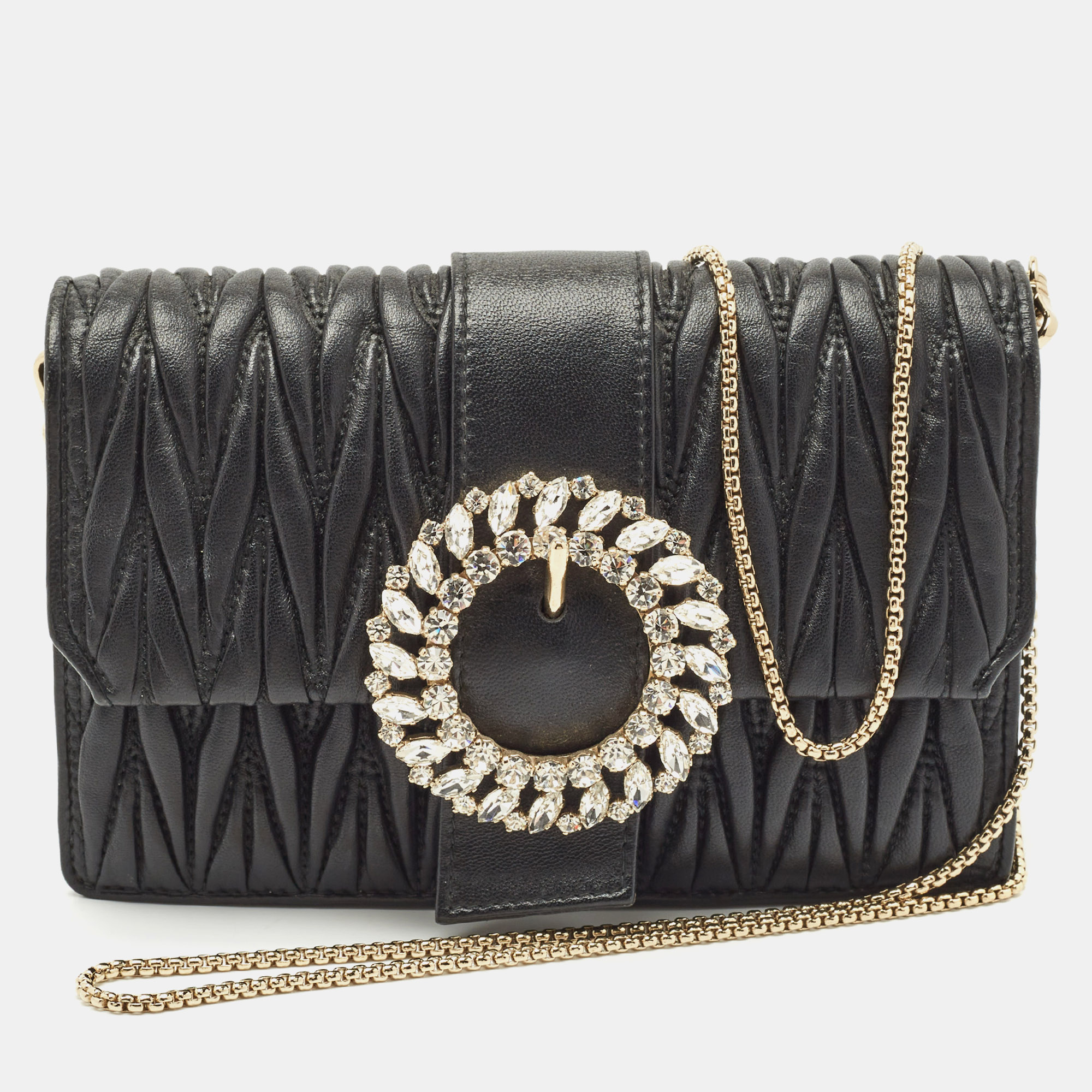 

Miu Miu Black Matelassé Leather Crystals Buckle Chain Clutch