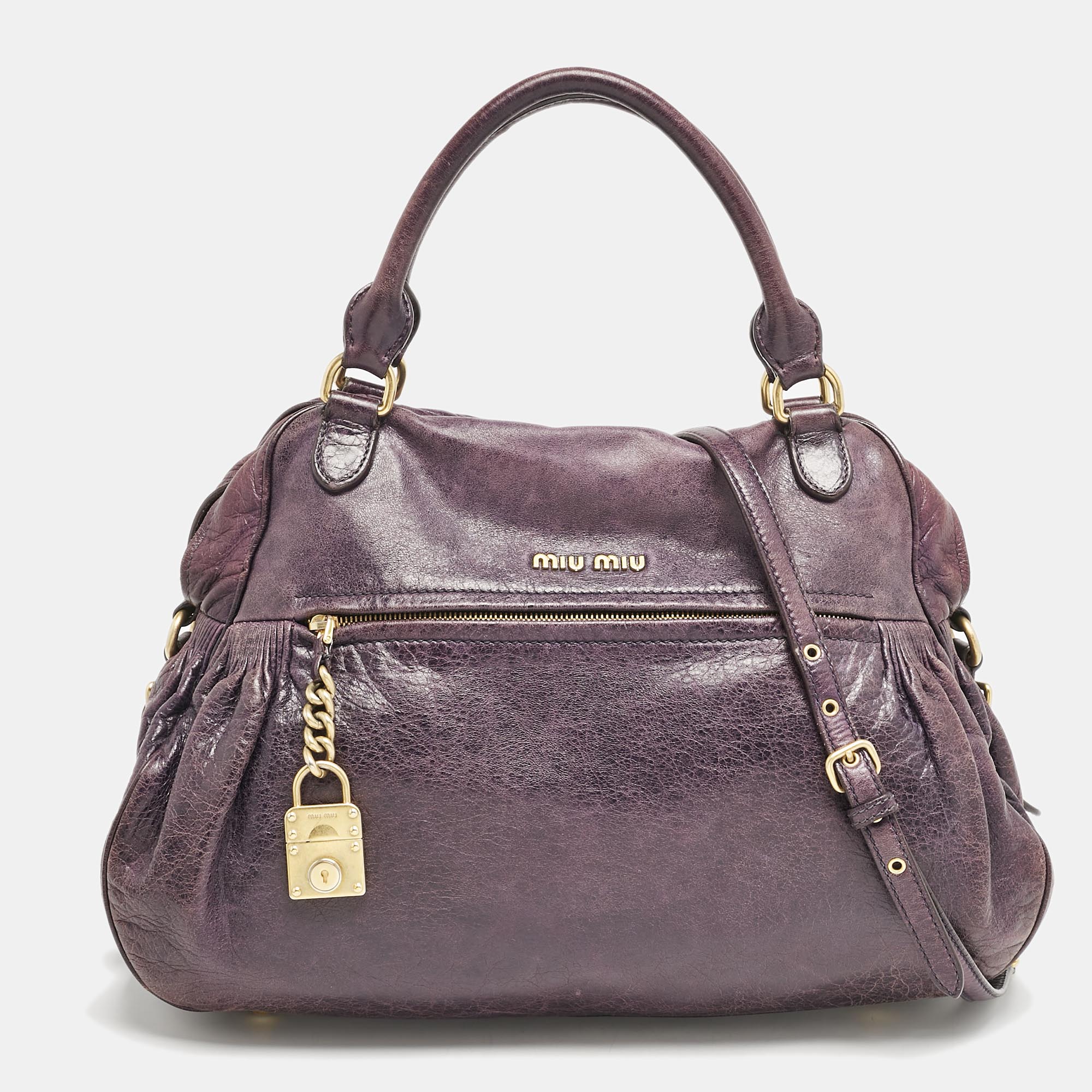 

Miu Miu Purple Distressed Leather Charm Satchel