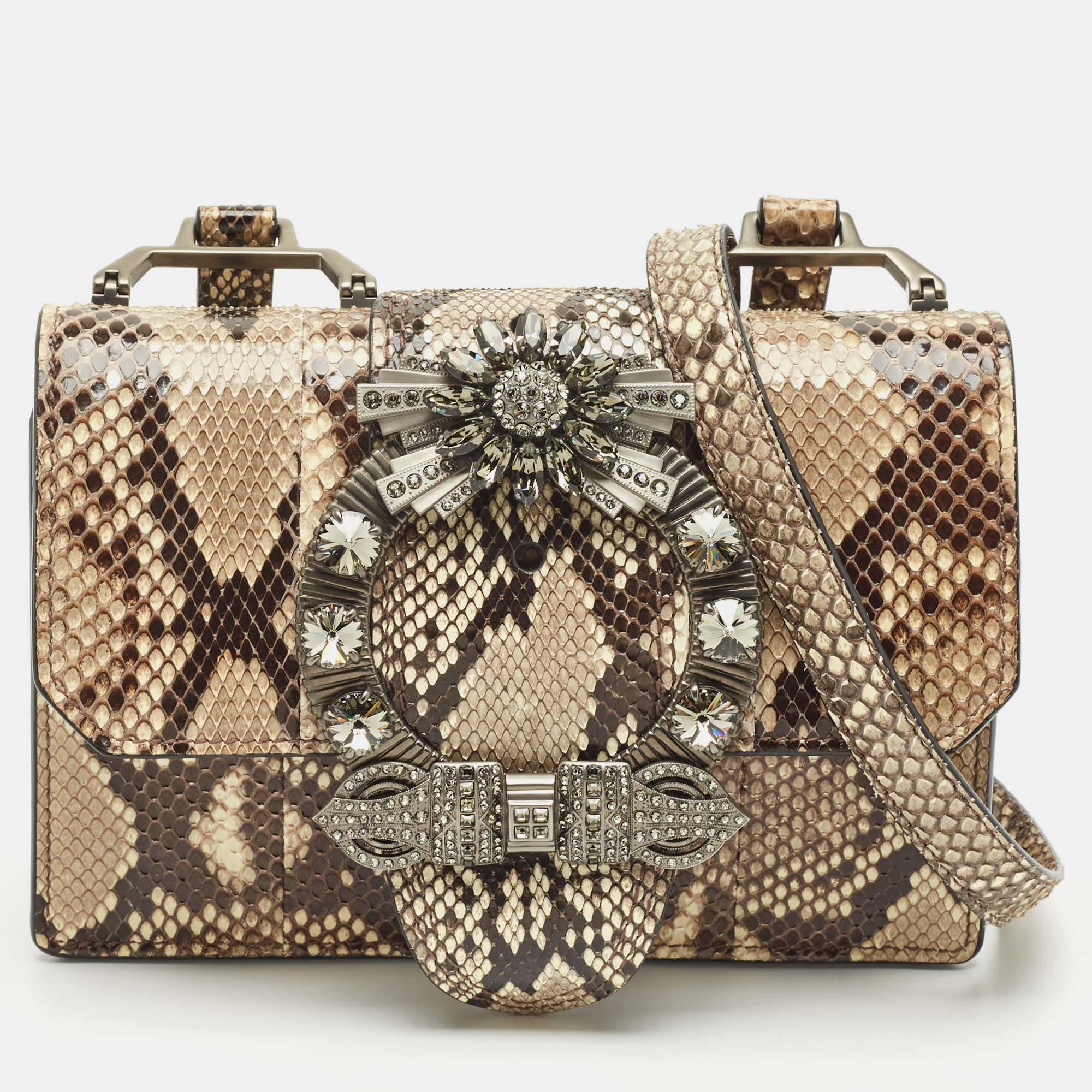 

Miu Miu Beige Python Crystals Embellished Flap Shoulder Bag