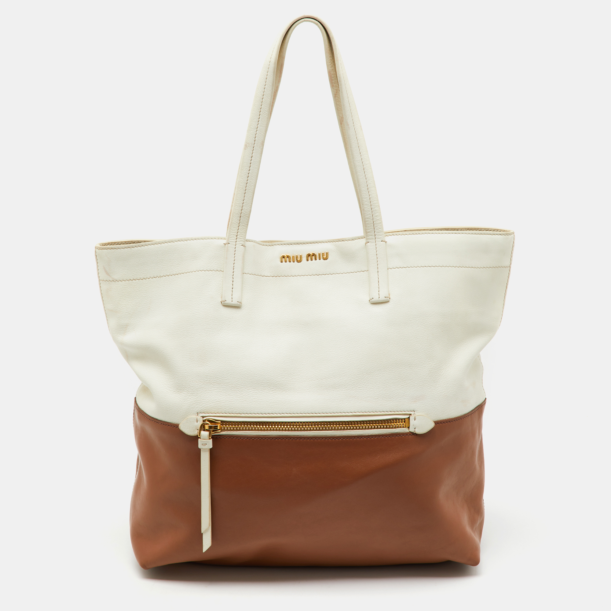 

Miu Miu Brown/Cream Leather Shopper Tote