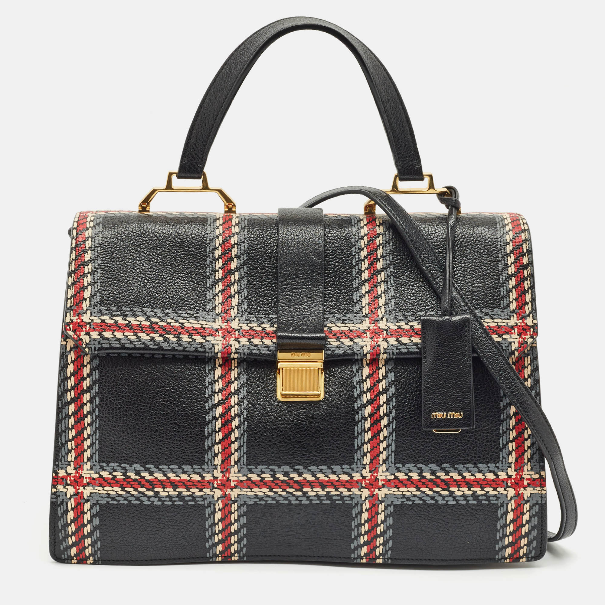 

Miu Miu Black/Multicolor Print Leather Madras Top Handle Bag