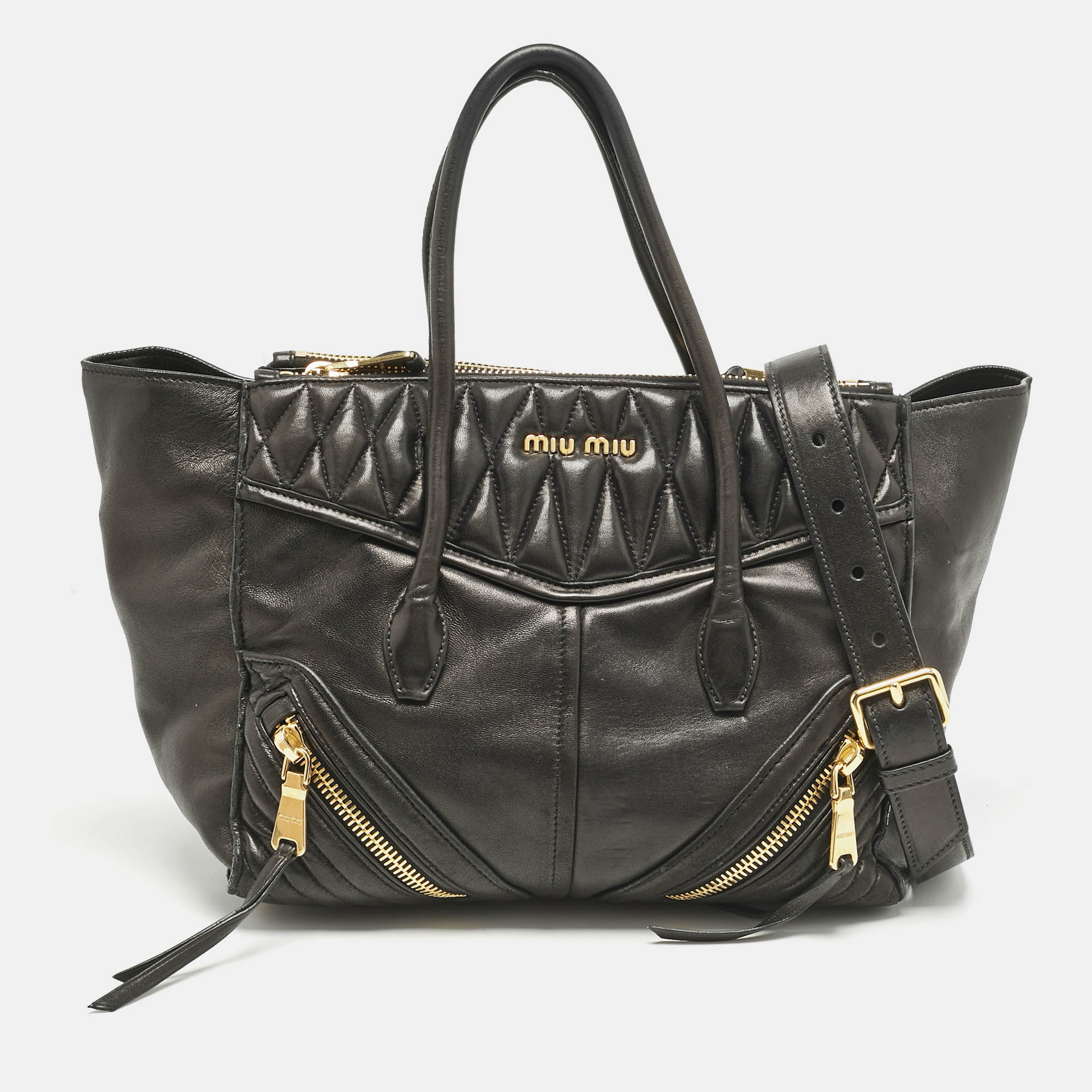 

Miu Miu Black Matelasse Leather Biker Tote