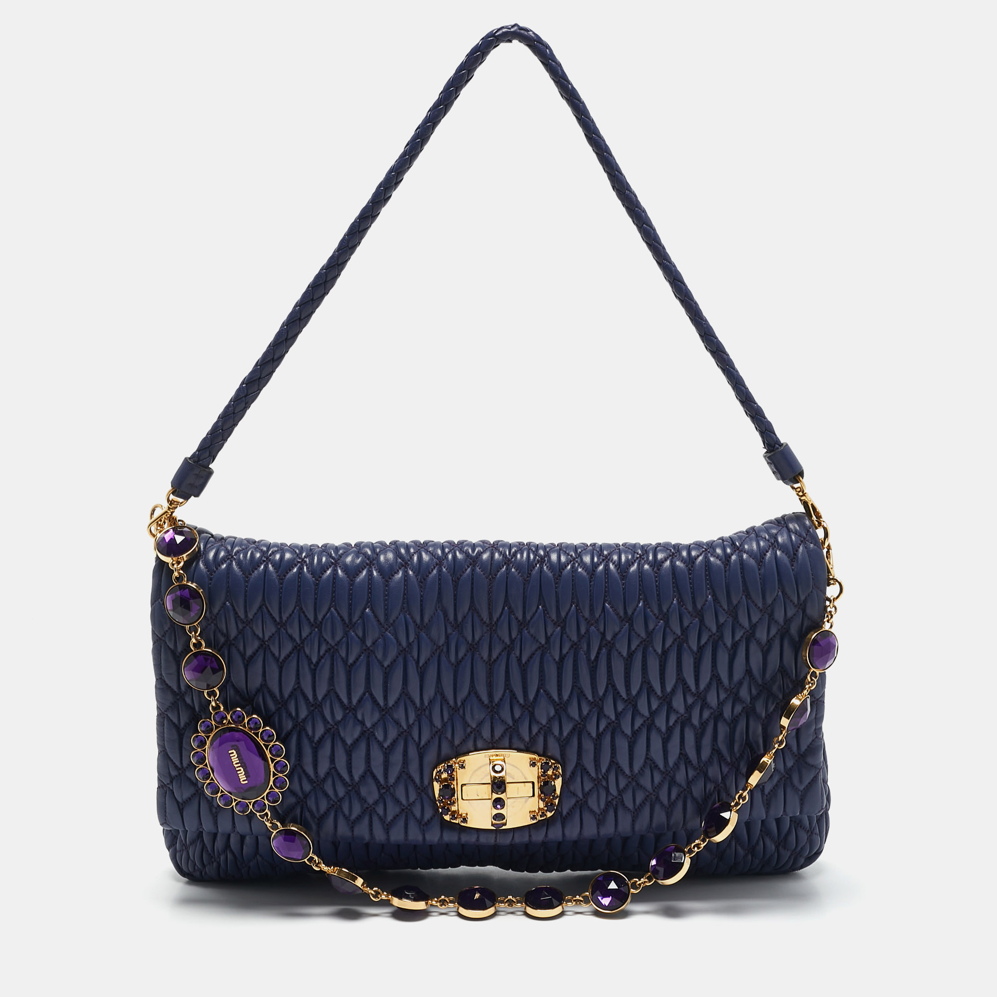 

Miu Miu Purple Matelassé Nappa Leather Crystal Shoulder Bag