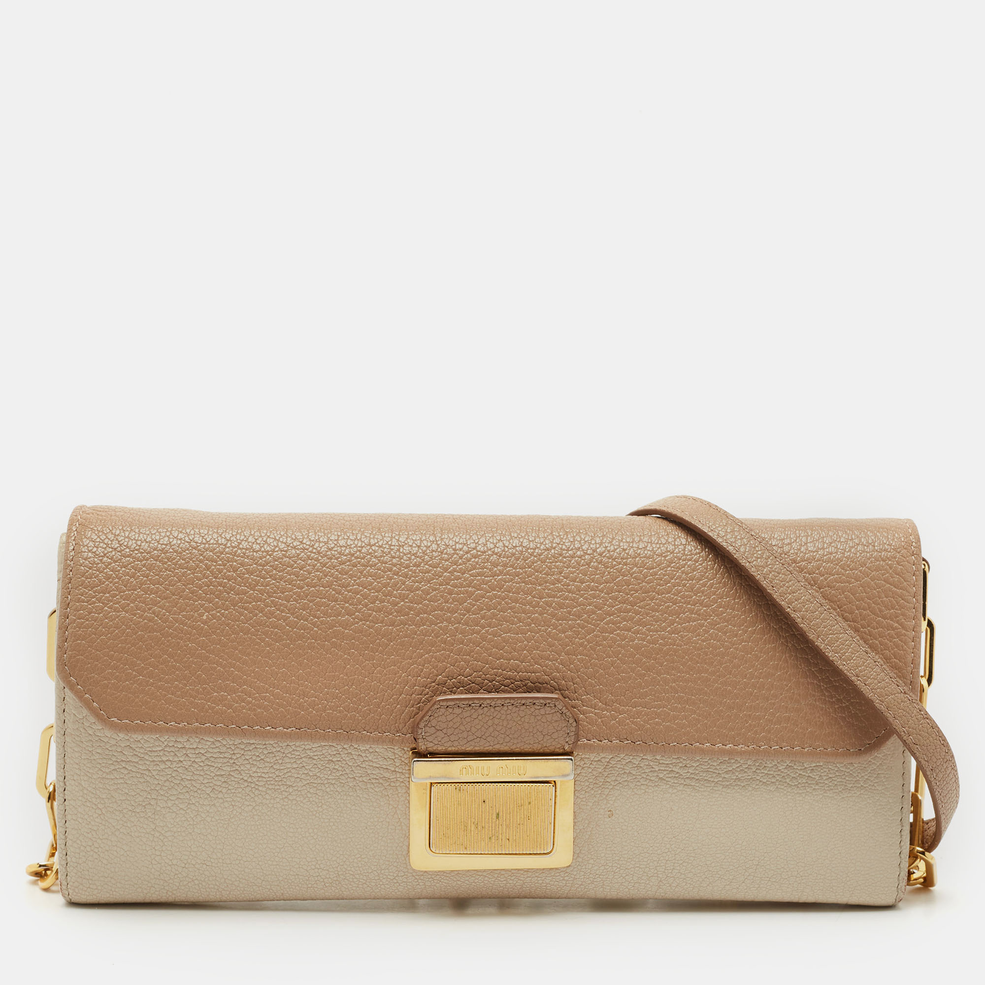 

Miu Miu Two Tone Beige Leather Pushlock Flap Wallet on Chain
