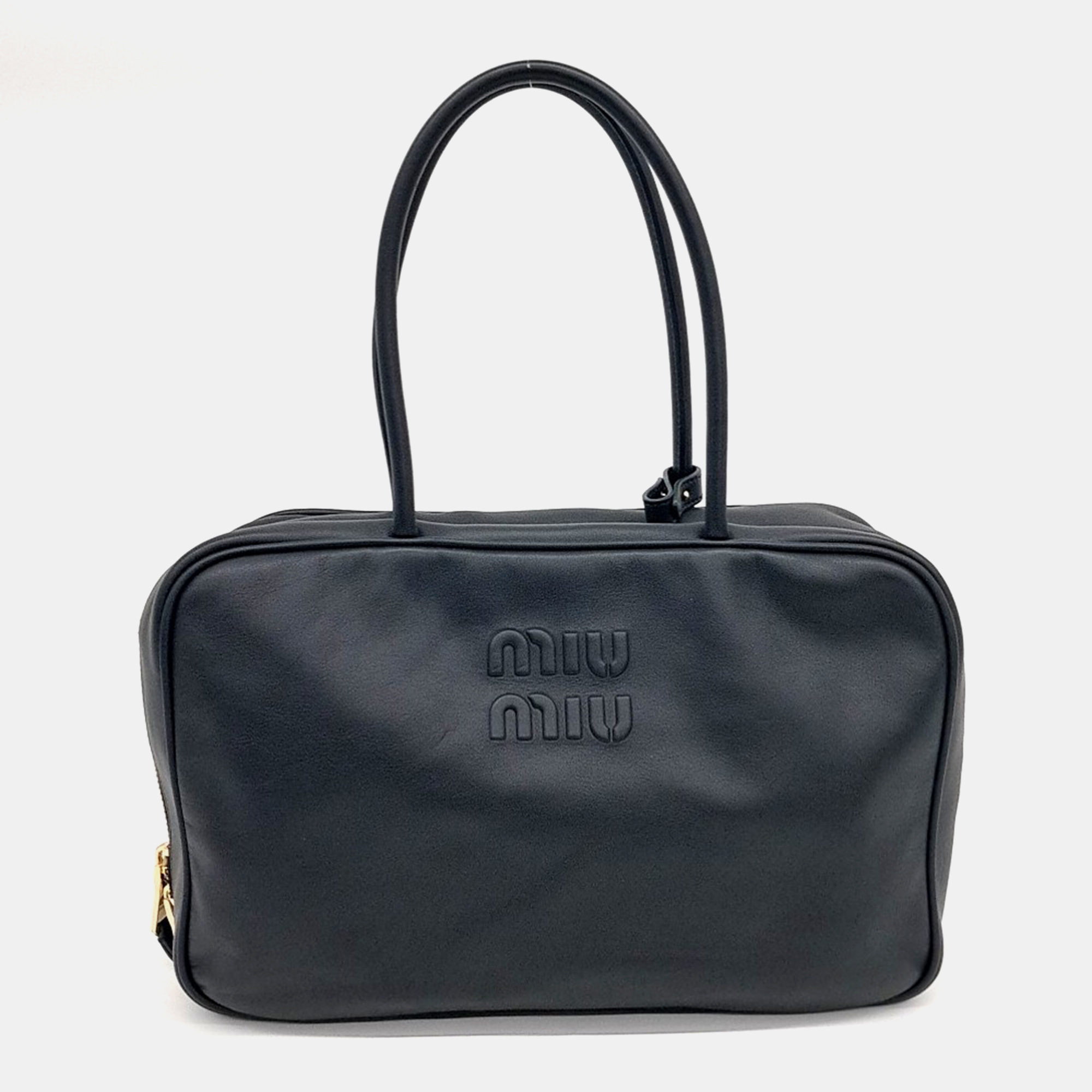 

Miu Miu Black Leather Embossed Logo Bowling Bag