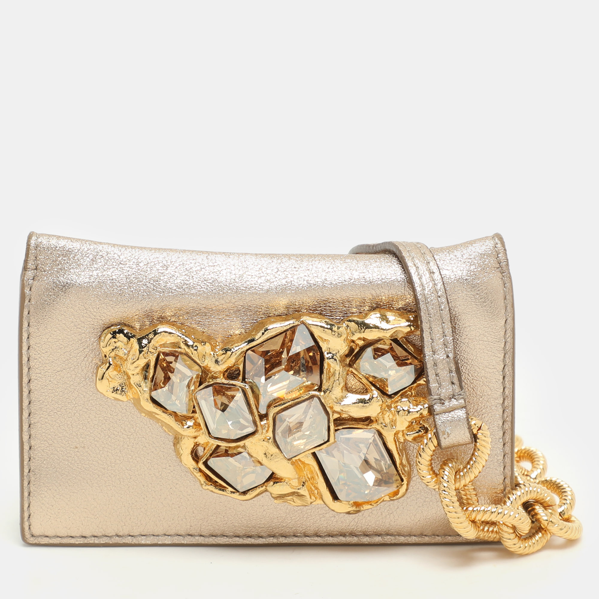 

Miu Miu Gold Leather Crystal Embellishment Chain Card Holder