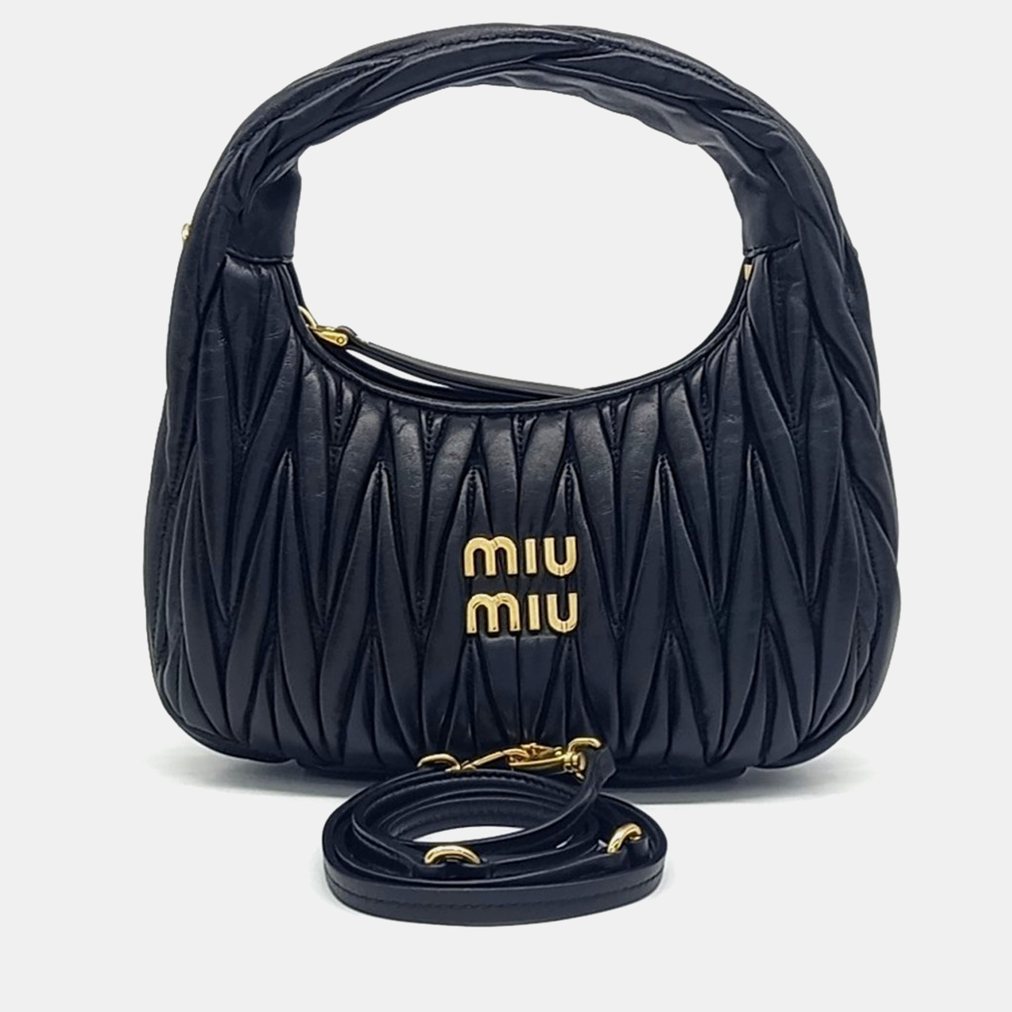 

Miu Miu Black Leather Wander Matrasse Hobo Bag