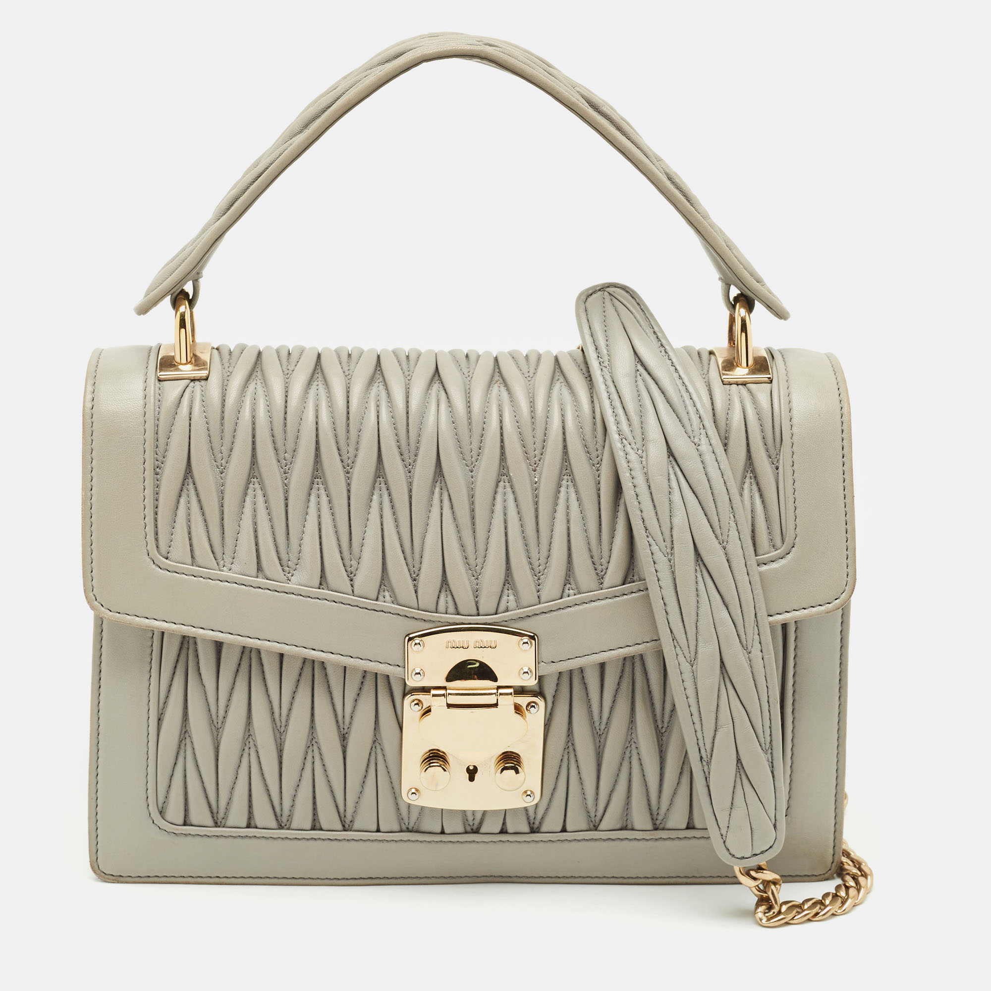 

Miu Miu Grey Matelassé Leather Confidential Top Handle Bag
