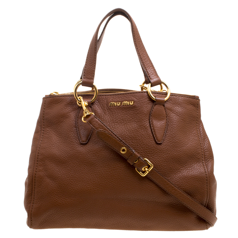 Miu Miu Brown Pebbled Leather Double Zip Convertible Tote