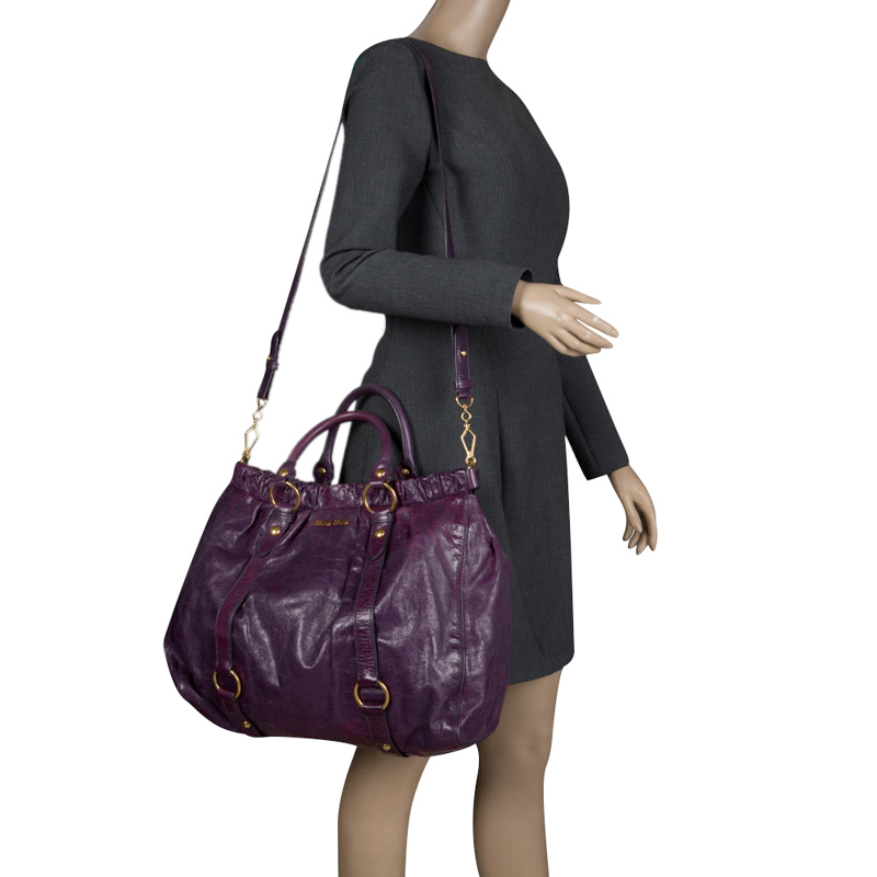 

Miu Miu Purple Vitello Lux Leather Gathered Tote