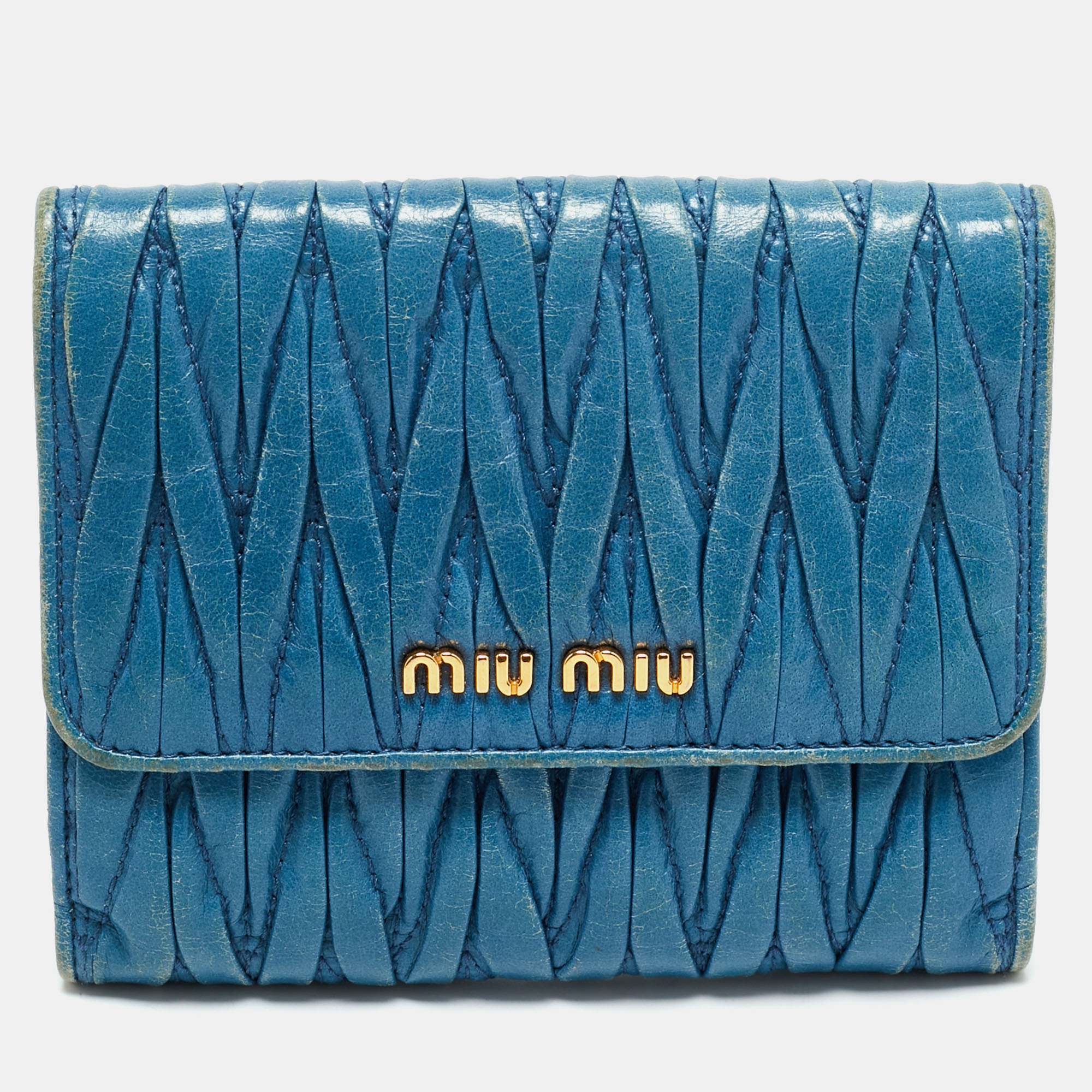 

Miu Miu Blue Matelassé Leather Flap French Wallet