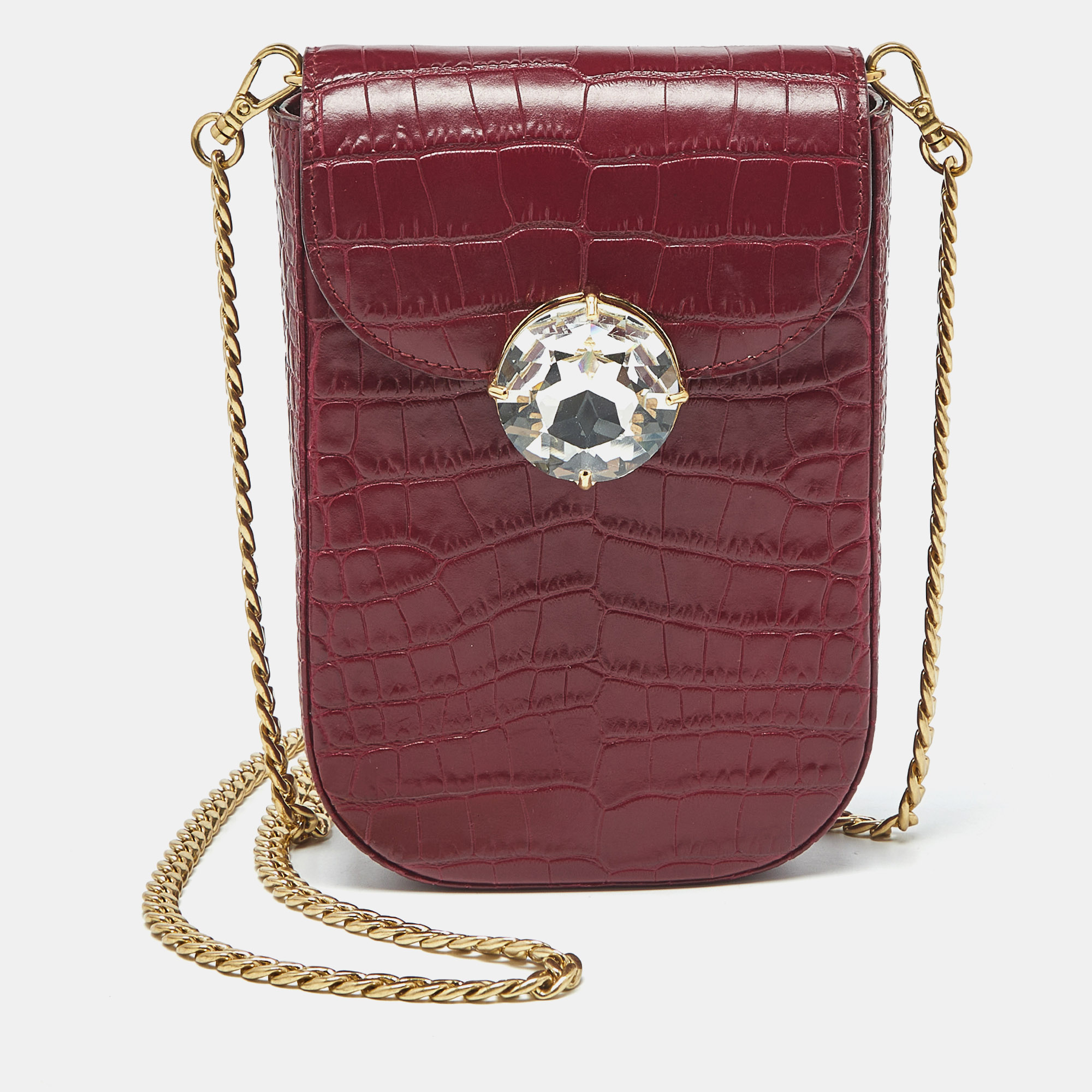 

Miu Miu Burgundy Croc Embossed Leather Crystals Flap Phone Crossbody Bag
