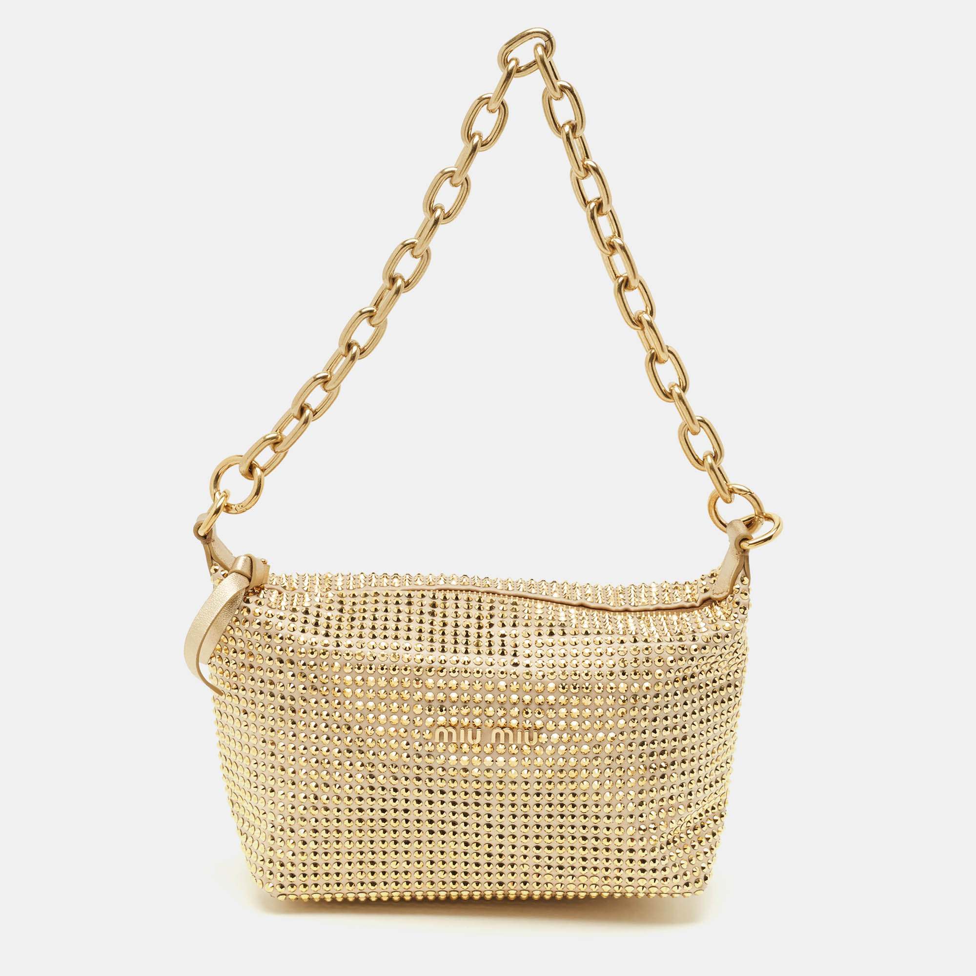 

Miu Miu Gold Leather and Satin Crystals Embellished Chain Bag