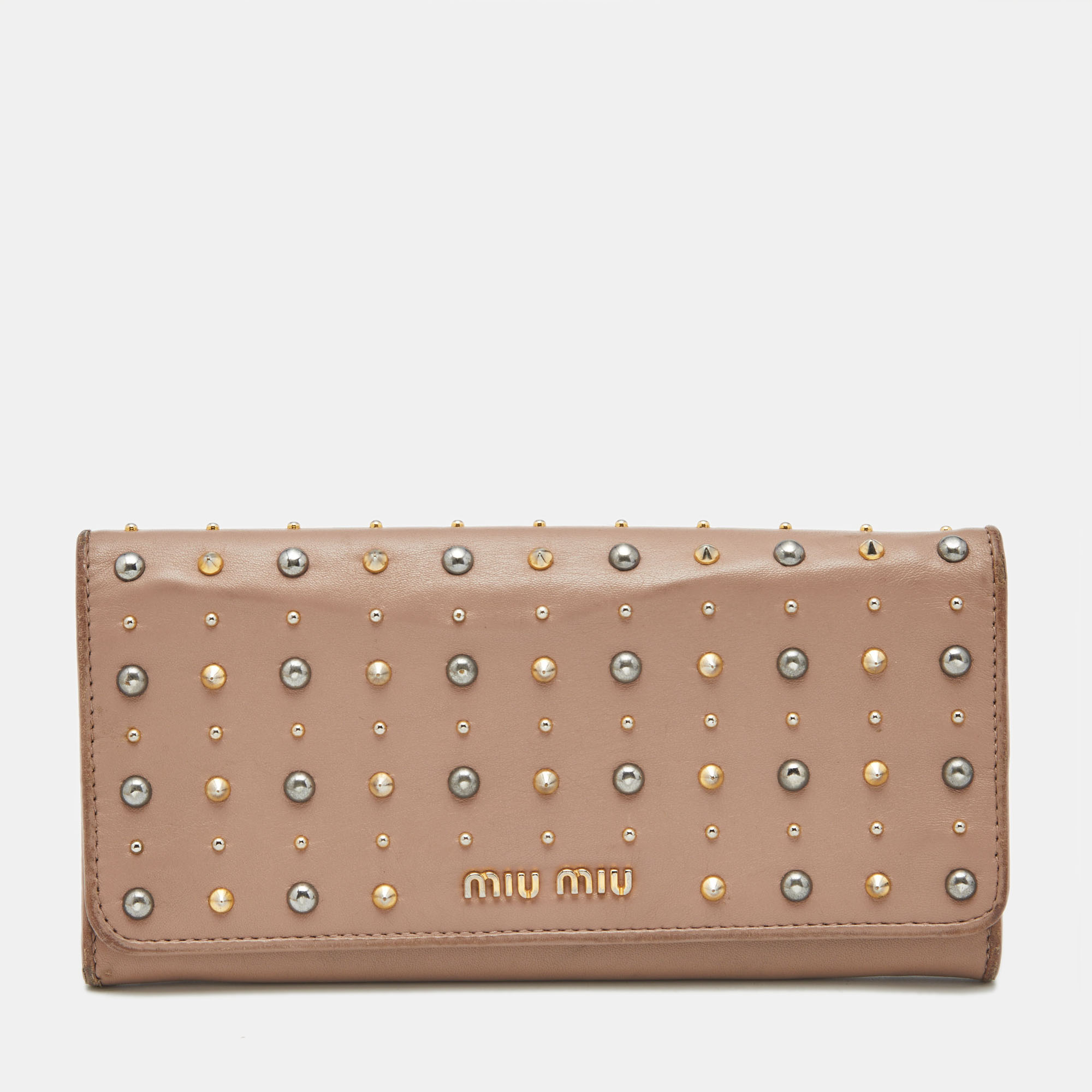 Pre-owned Miu Miu Mauve Leather Studded Flap Wallet In Pink