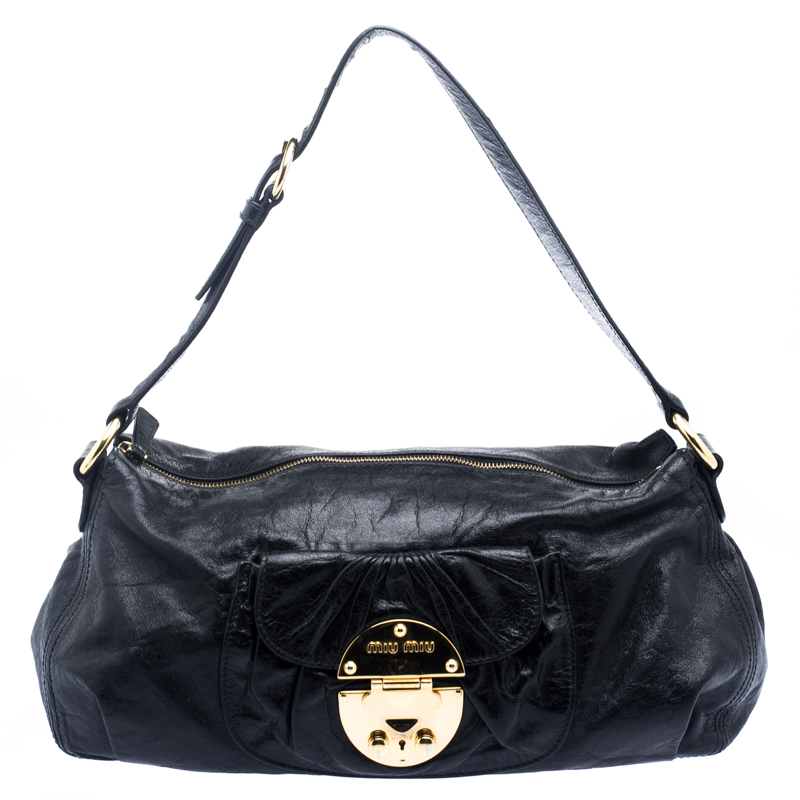 Pre Owned Miu Miu Black Leather Shoulder Bag