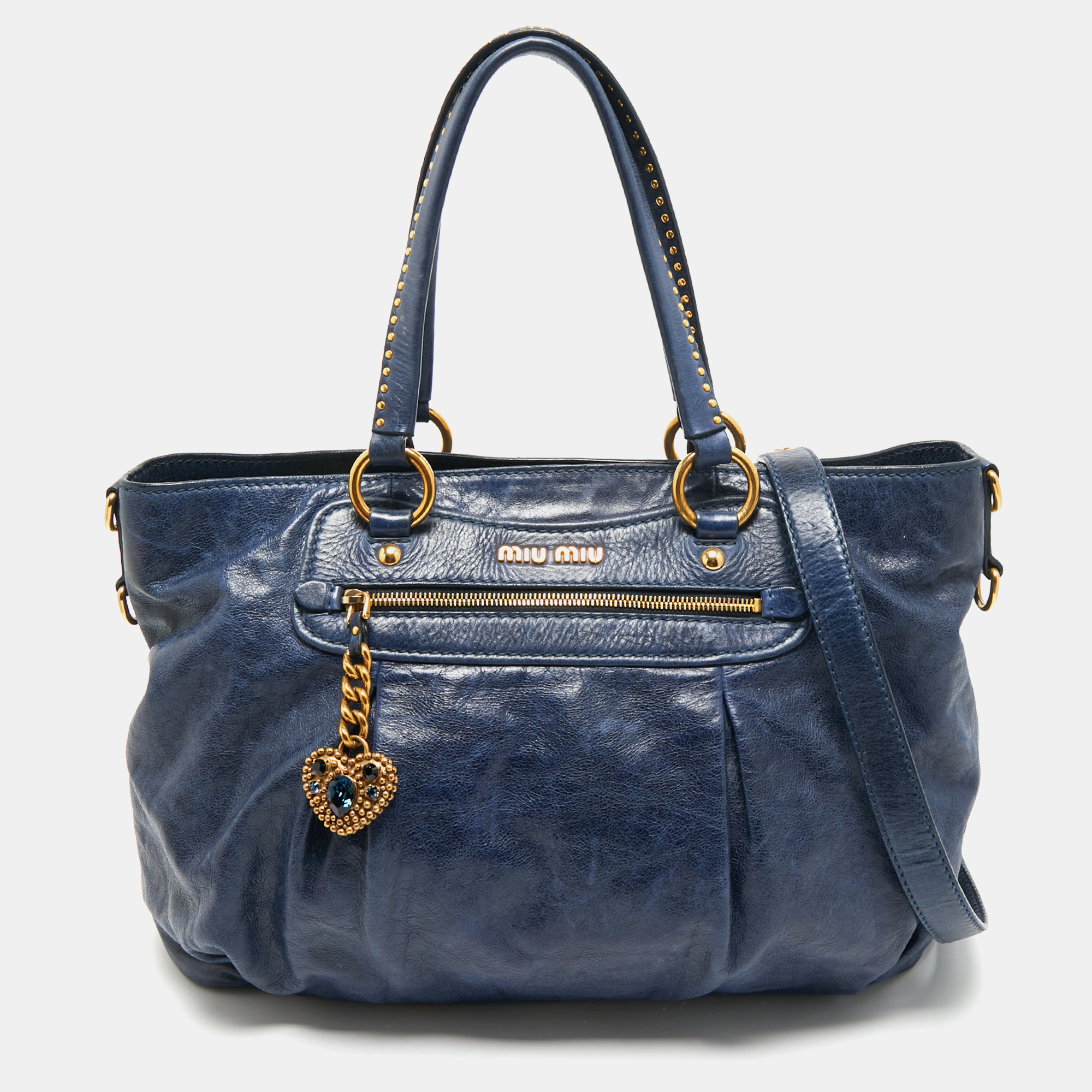 

Miu Miu Navy Blue Leather Crystal Heart Charm Satchel