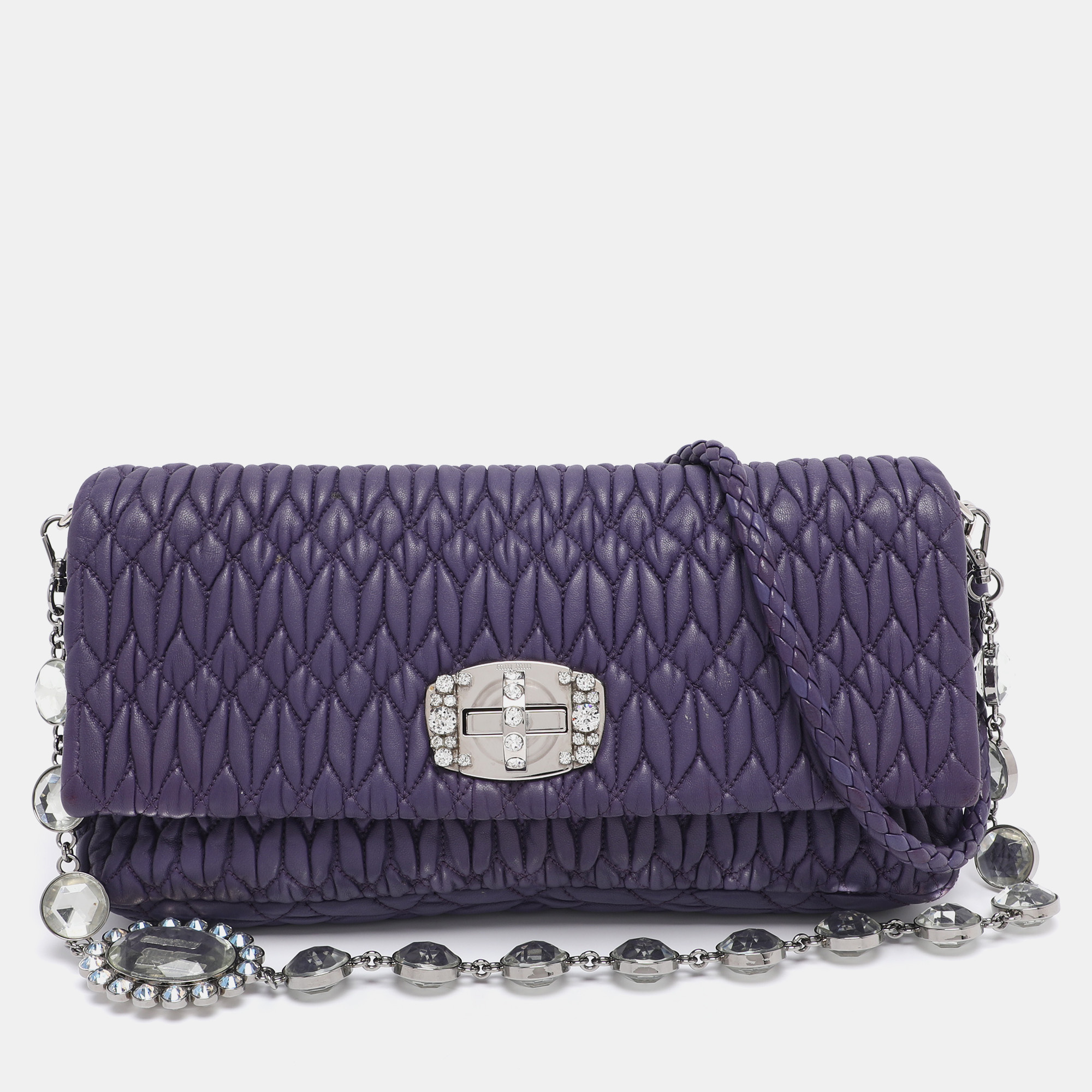 Pre-owned Miu Miu Purple Matelasse Leather Crystal Embellished Shoulder Bag