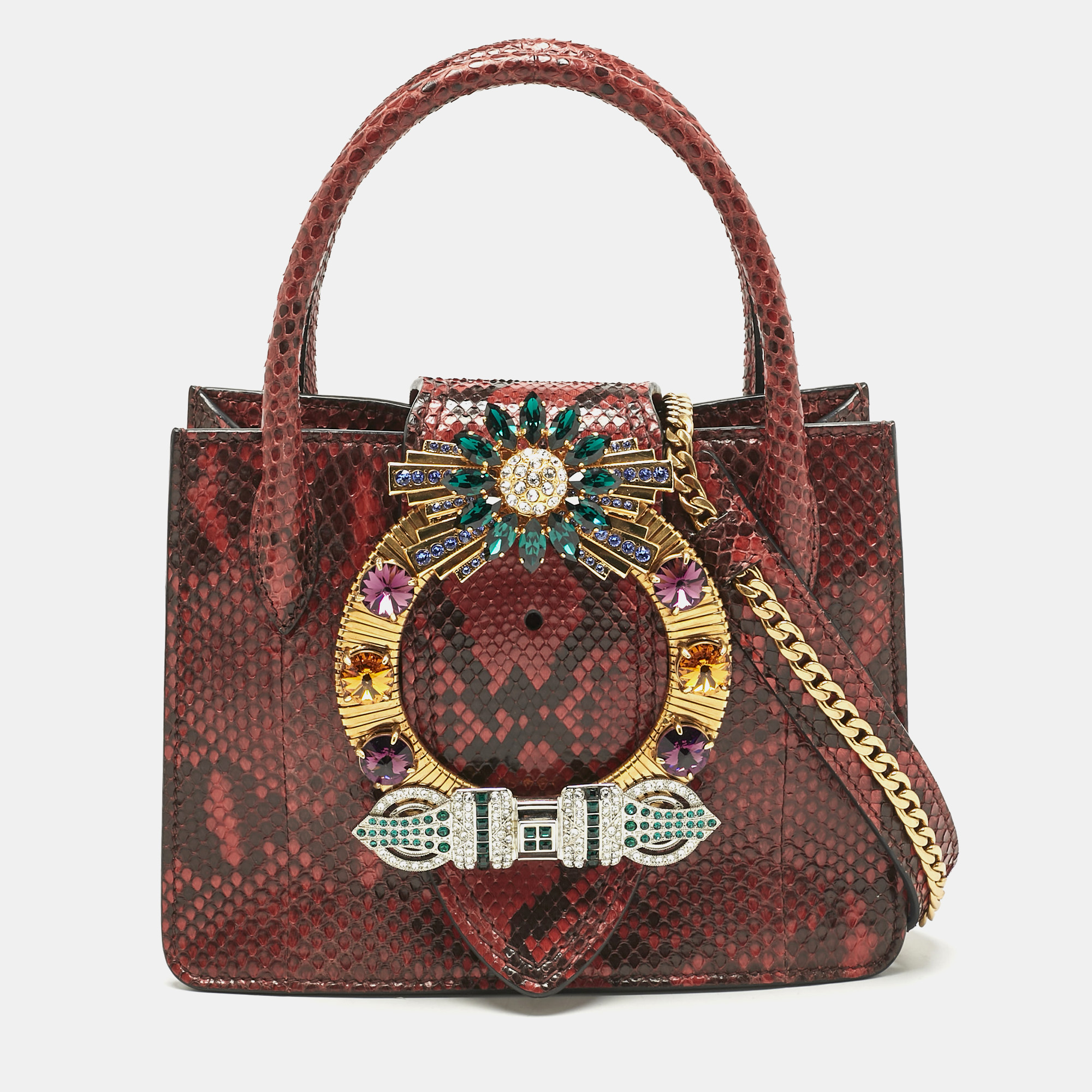 

Miu Miu Red/Black Snakeskin Crystals Embellished Flap Tote