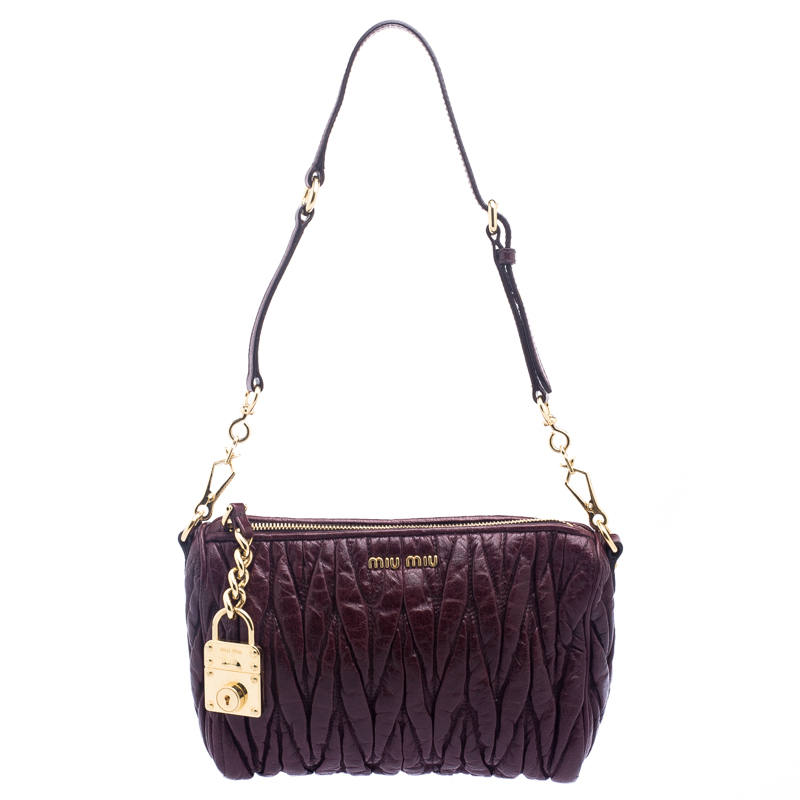 Pre Owned Miu Miu Burgundy Matelasse Vitello Lux Leather Shoulder Bag