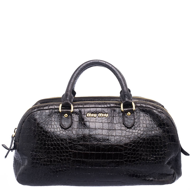 مملوكة مسبقًا Miu Miu Dark Brown Glazed Croc Embossed Leather St. Cocco Satchel