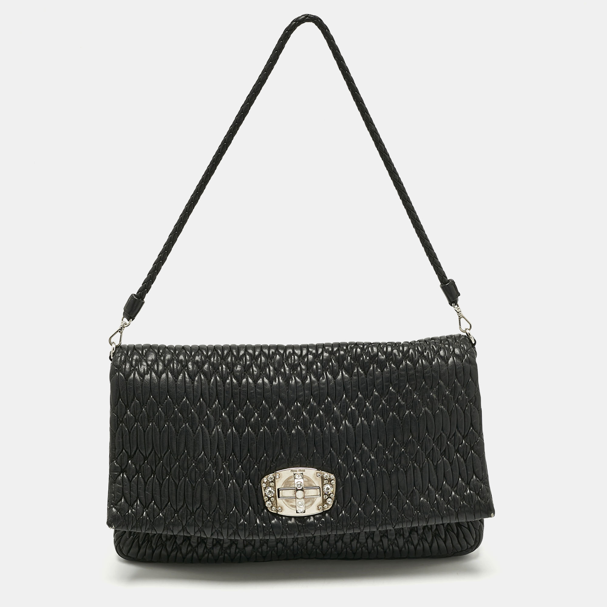 

Miu Miu Black Matelassé Leather Crystals Shoulder Bag