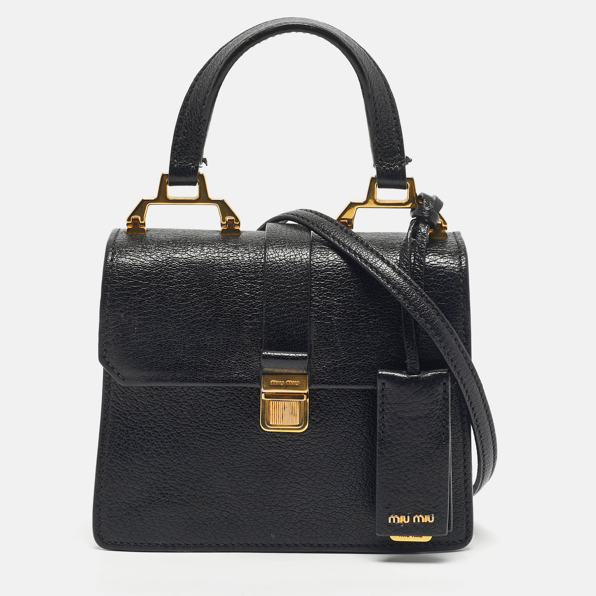 Pre-owned Miu Miu Black Madras Leather Mini Bandoliera Top Handle Bag