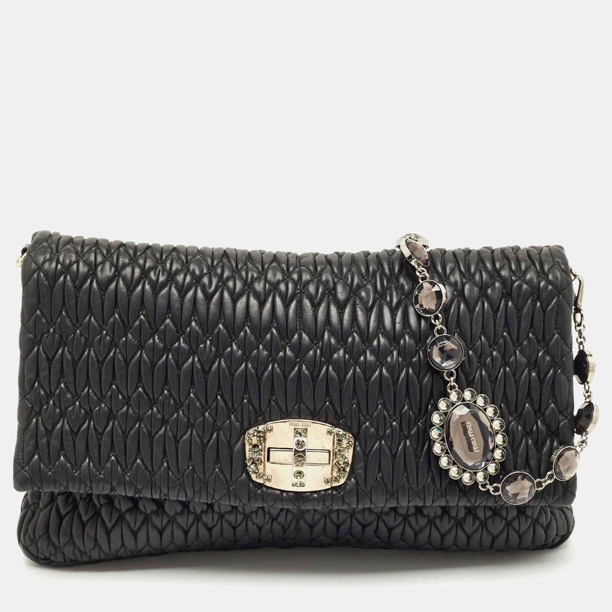 Pre-owned Miu Miu Black Matelassé Leather Crystals Chain Shoulder Bag