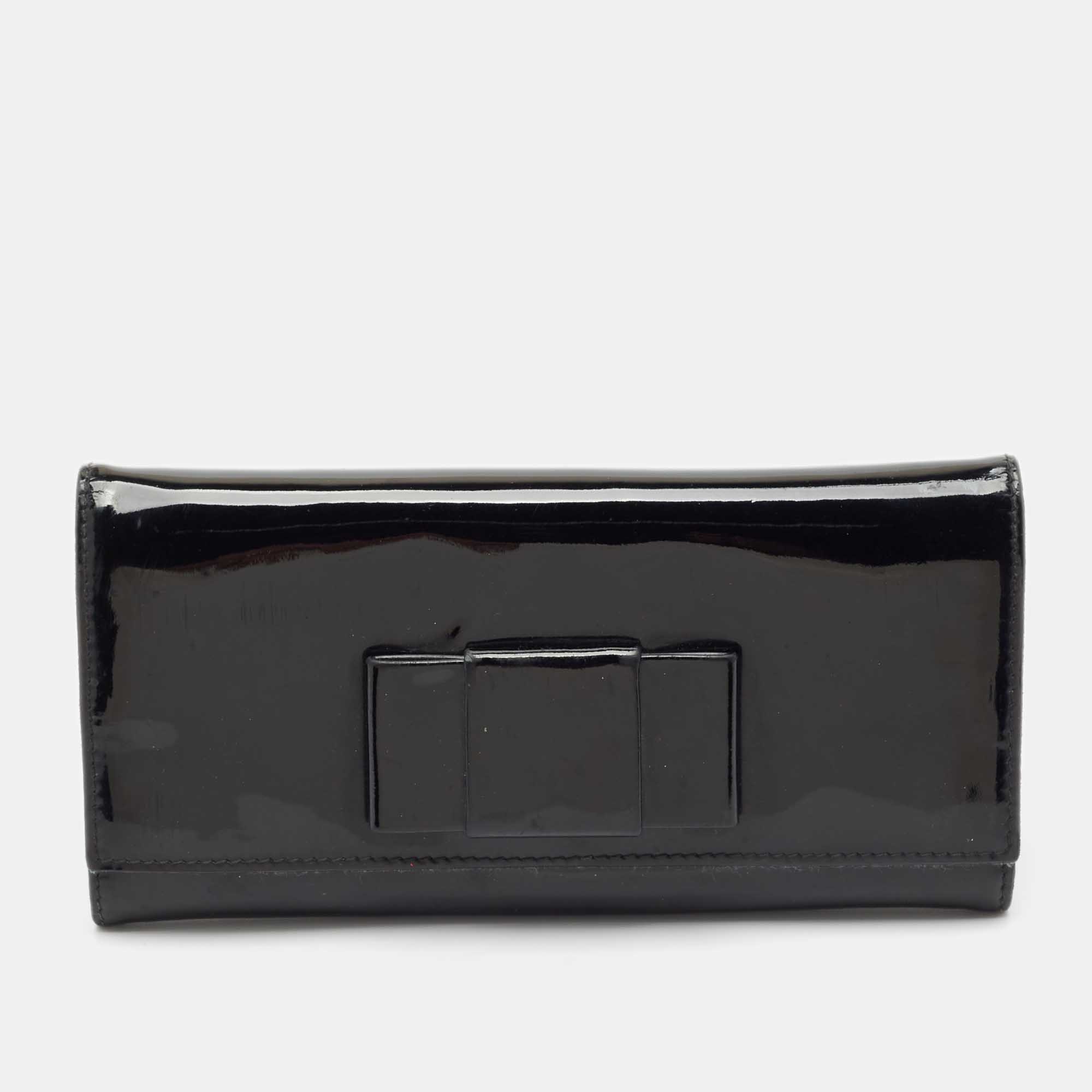 Pre-owned Miu Miu Black Patent Leather Bow Continental Wallet