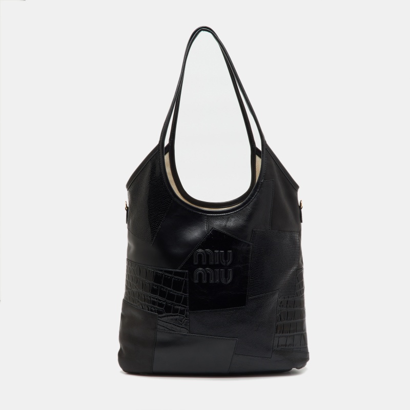 

Miu Miu Black Leather and Croc Embossed Ivy Patchwork Tote