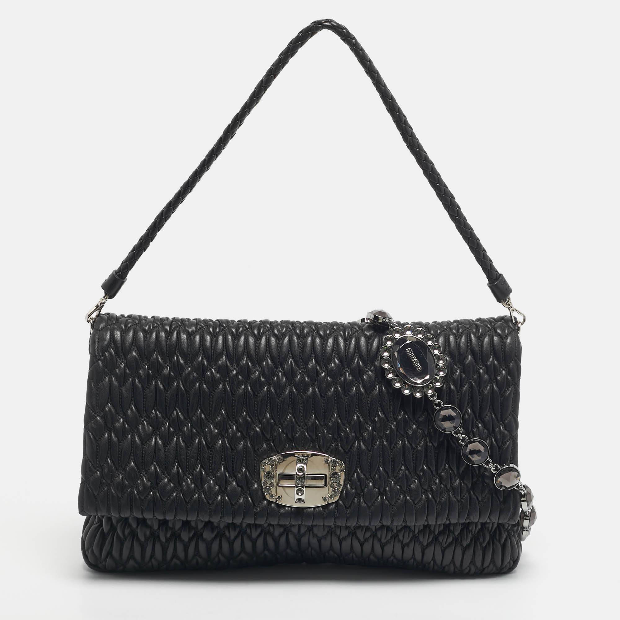 Pre-owned Miu Miu Black Matelassé Leather Crystals Chain Shoulder Bag