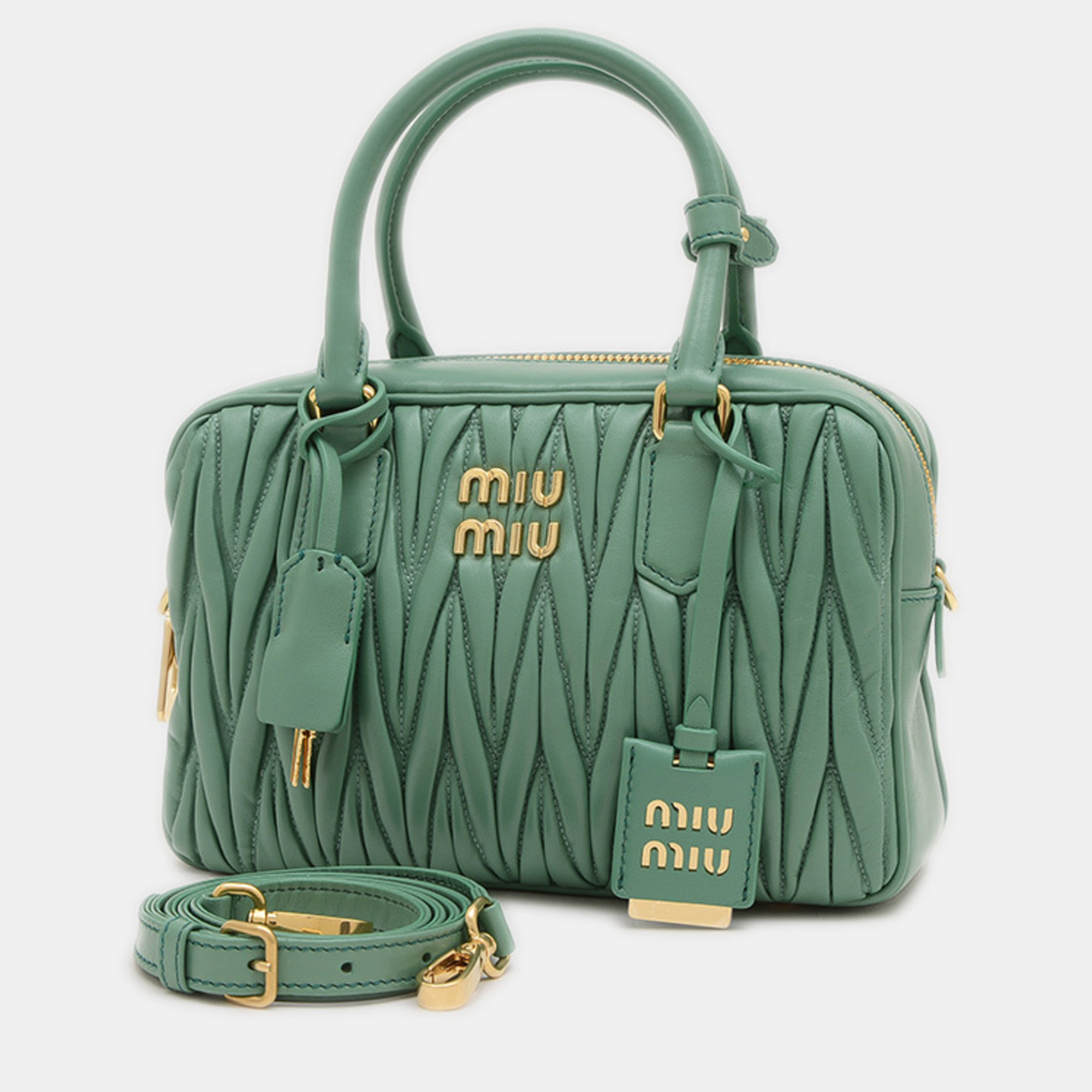 Pre-owned Miu Miu Arcadi Matelasse Hand Shoulder Bag Leather Salvia Green