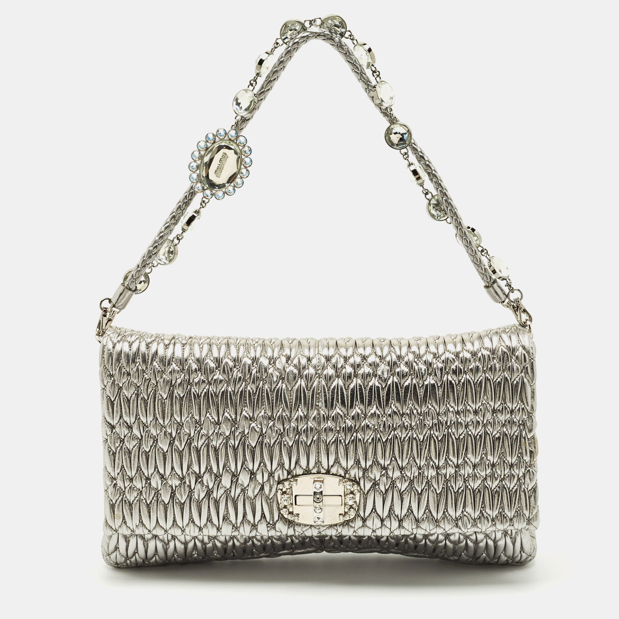 

Miu Miu Silver Matelasse Leather Crystal Flap Shoulder Bag