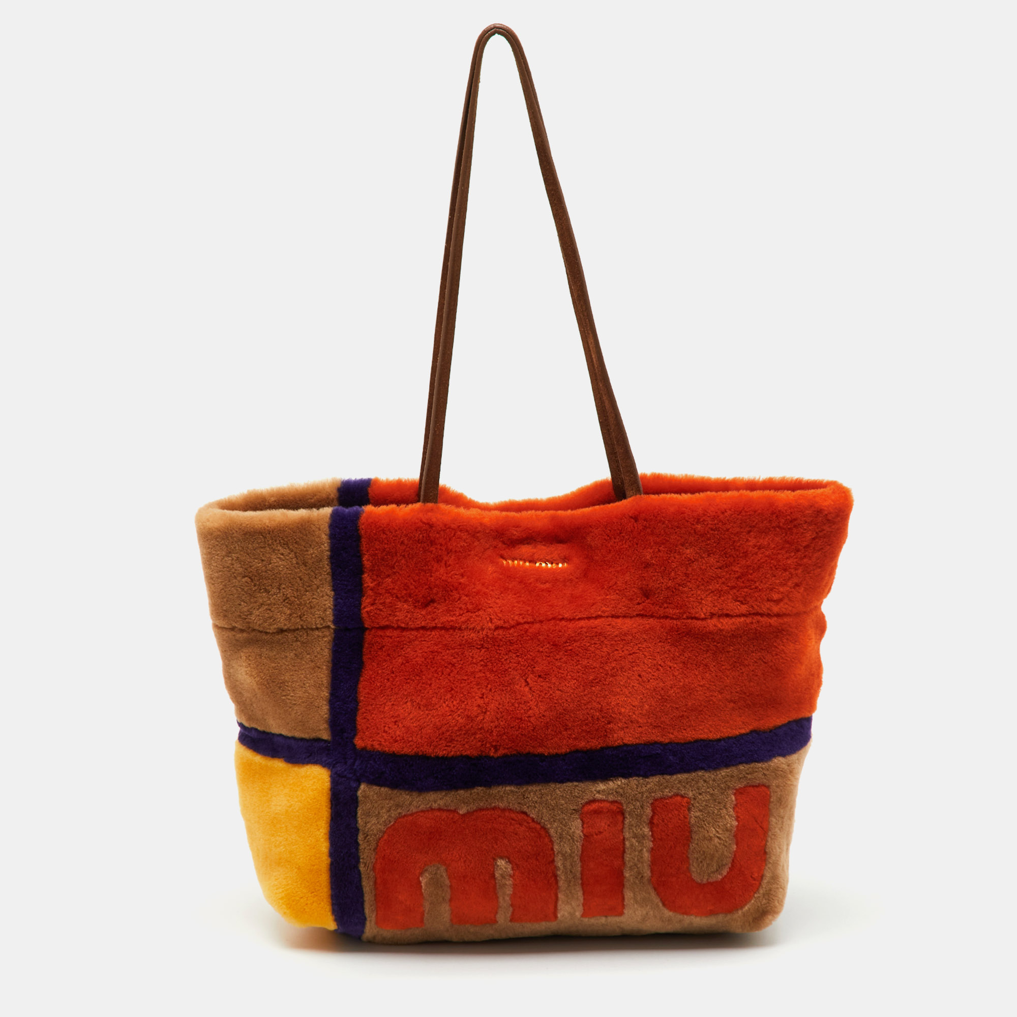 

Miu Miu Multicolor Shearling Fur and Suede Logo Colorblock Tote