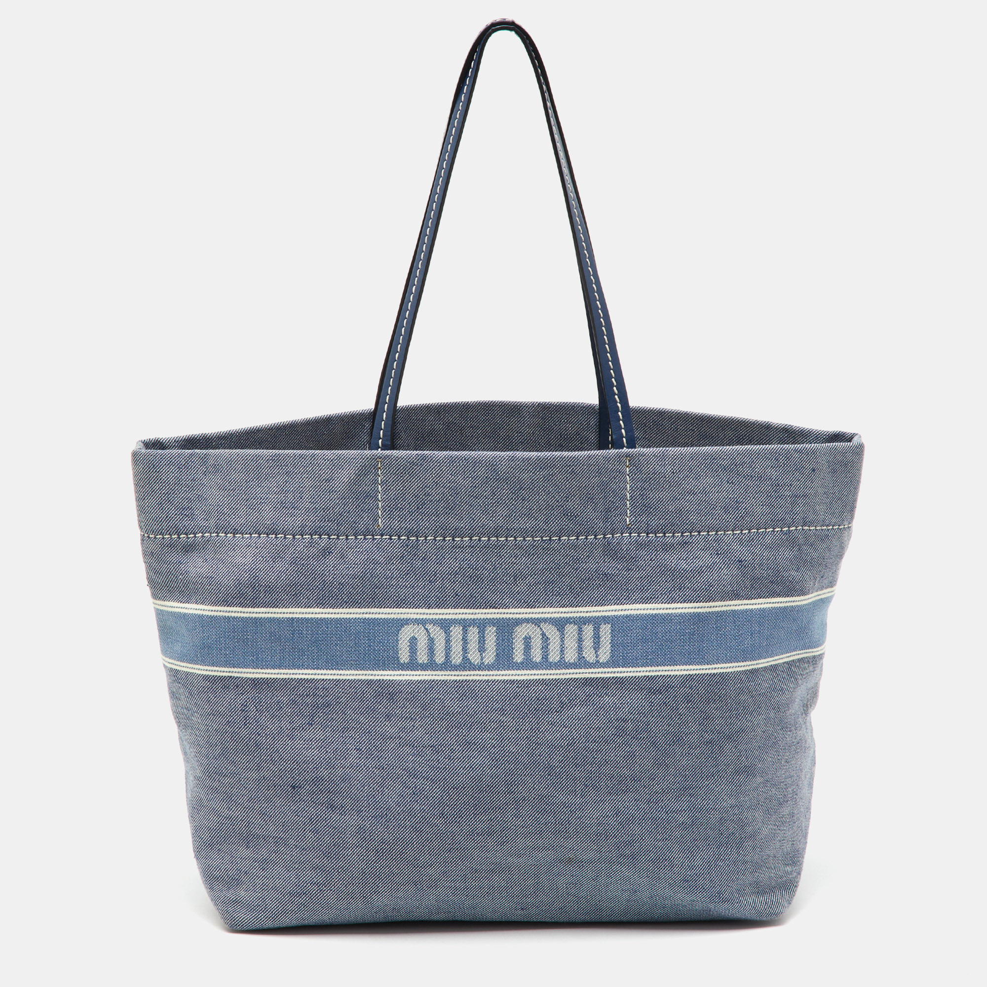 

Miu Miu Blue Denim and Leather Logo Shopper Tote