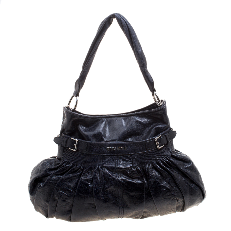 Miu Miu Dark Blue Distressed Leather Hobo Miu Miu The Luxury Closet