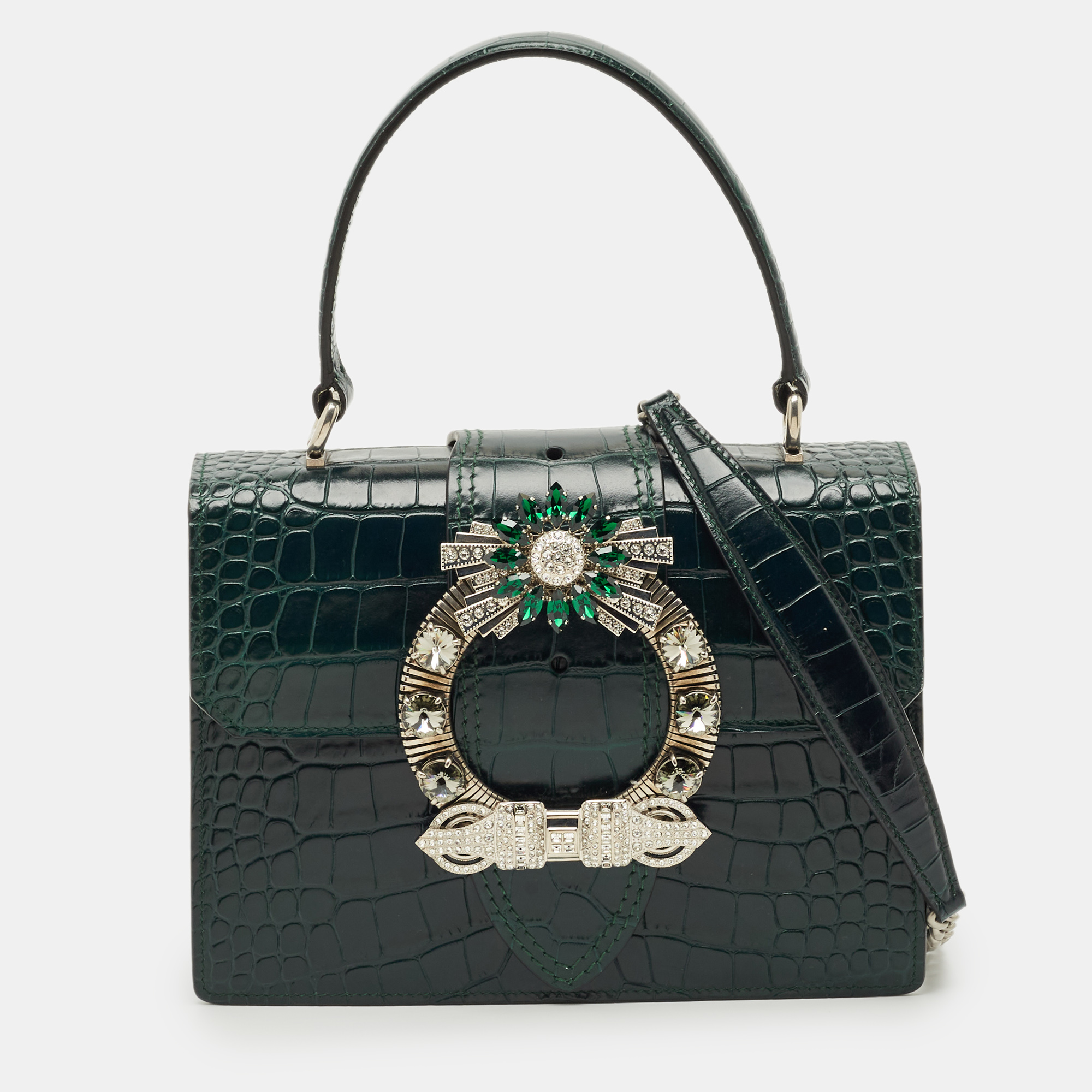 

Miu Miu Dark Green Croc Embossed Leather Crystals Embellished Buckle Flap Top Handle Bag