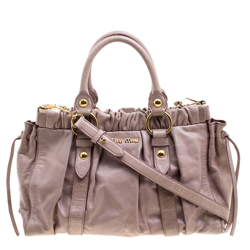 Miu Miu Beige Glazed Leather Medium Luxe Ruched Top Handle Bag