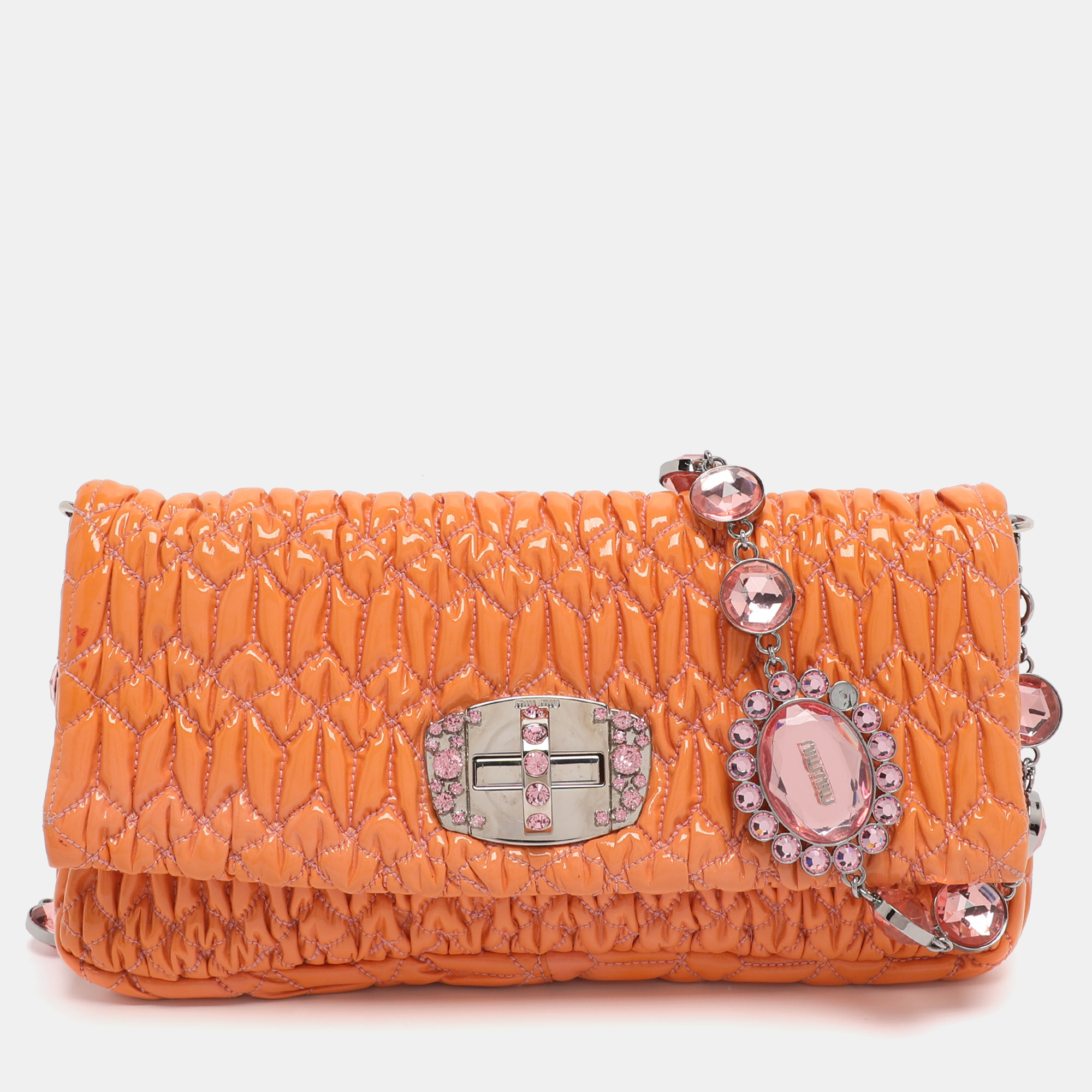 

Miu Miu Orange Matelasse Leather Crystal Flap Shoulder Bag