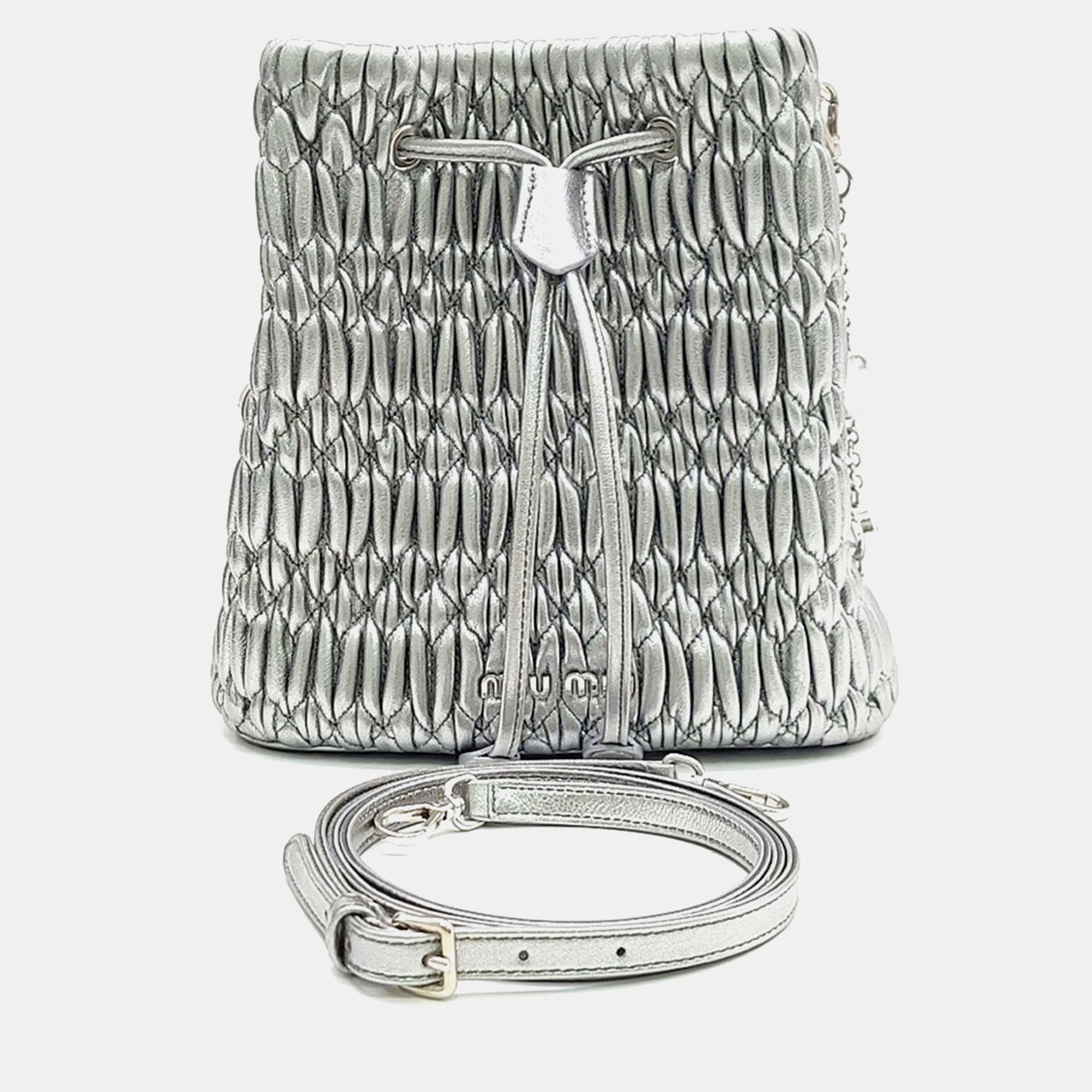 Pre-owned Miu Miu Metallic Leather Napa Crystal Bucket Bag In Silver