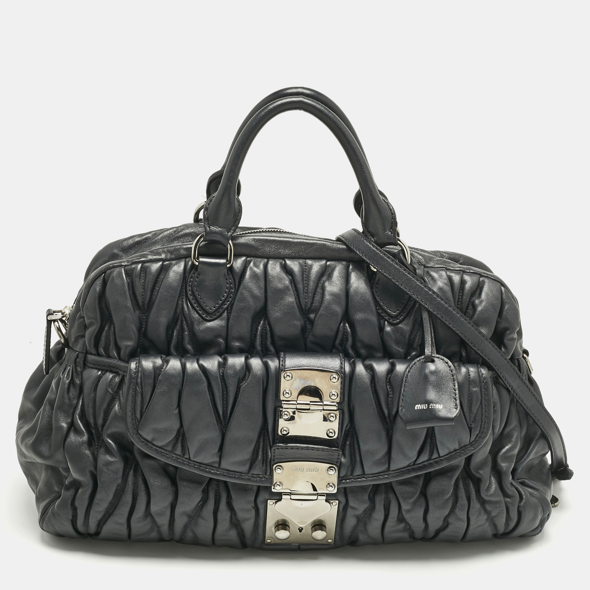 Pre-owned Miu Miu Black Matelasse Leather Pocket Satchel