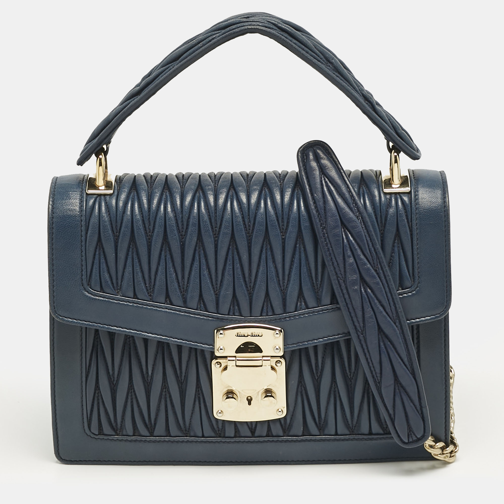 

Miu Miu Navy Blue Matelassé Leather Pushlock Flap Top Handle Bag